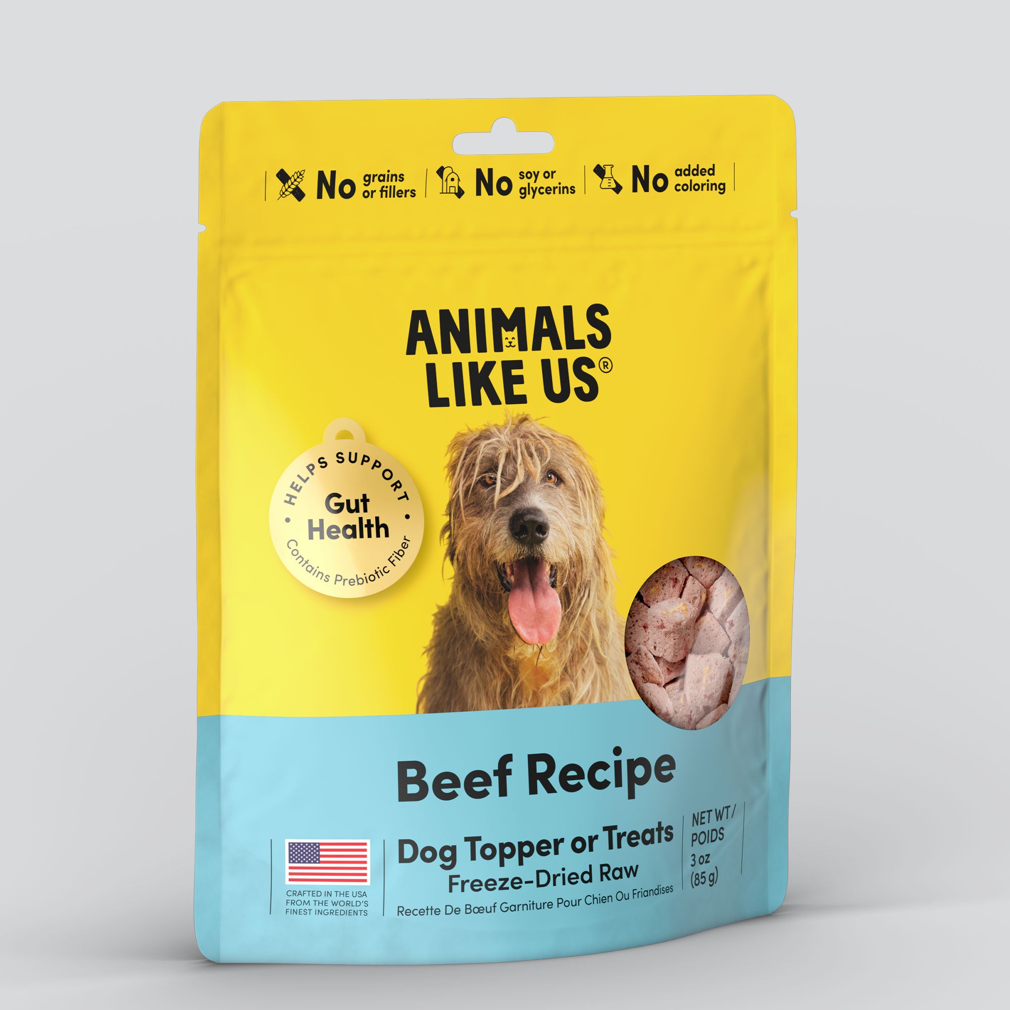Package of Animals Like Us Beef Recipe dog topper or treats.