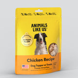 Package of Animals Like Us Chicken Recipe dog topper or treats.