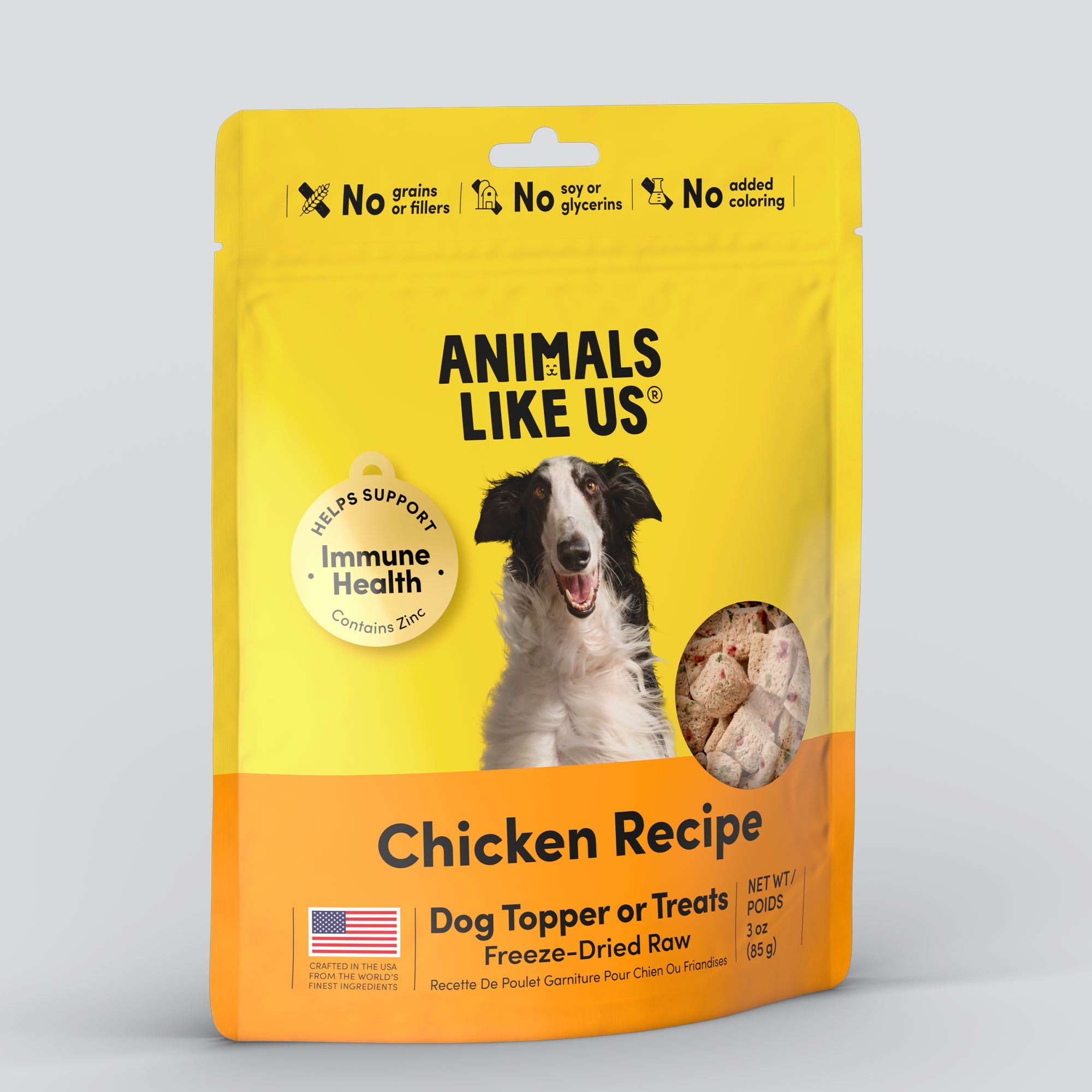 Package of Animals Like Us Chicken Recipe dog topper or treats.