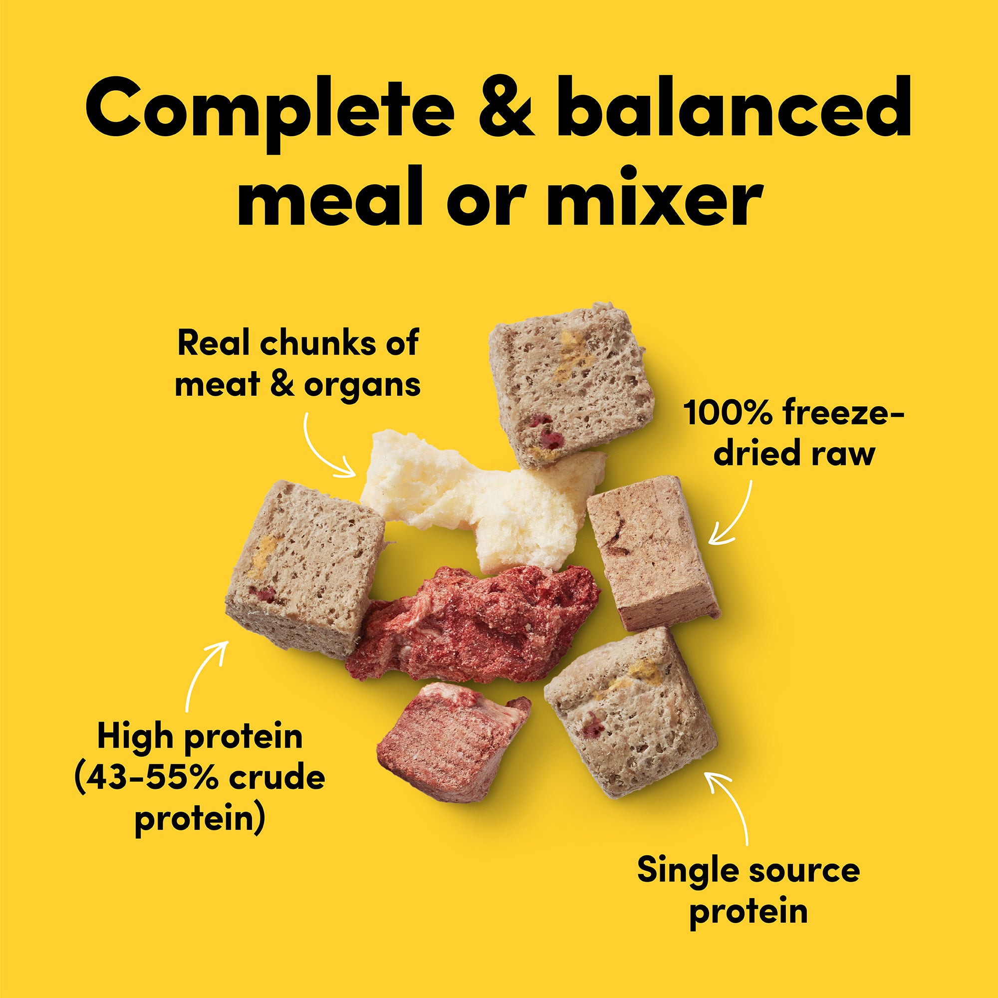 Card with text: Complete and balanced meal or mixer. 100% freeze-dried raw chunks of meat and organs. Single source protein. High protein (43-55% crude protein).
