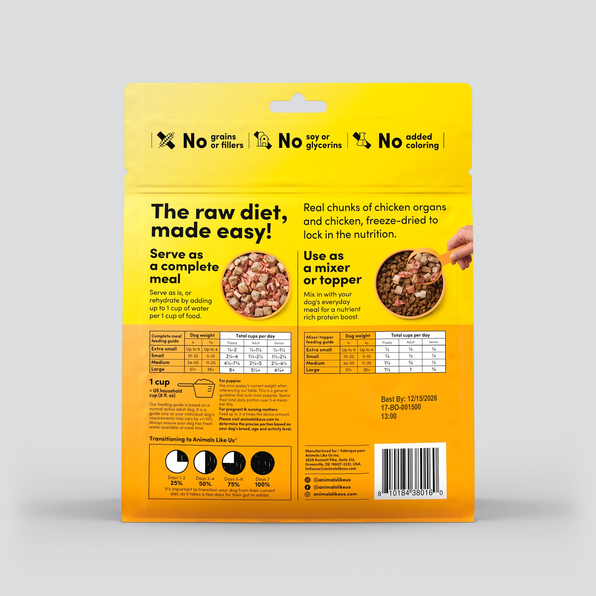 Back of package of Animals Like Us Raw100 Chicken Organs Recipe freeze-dried raw dry dog food meal or mixer 