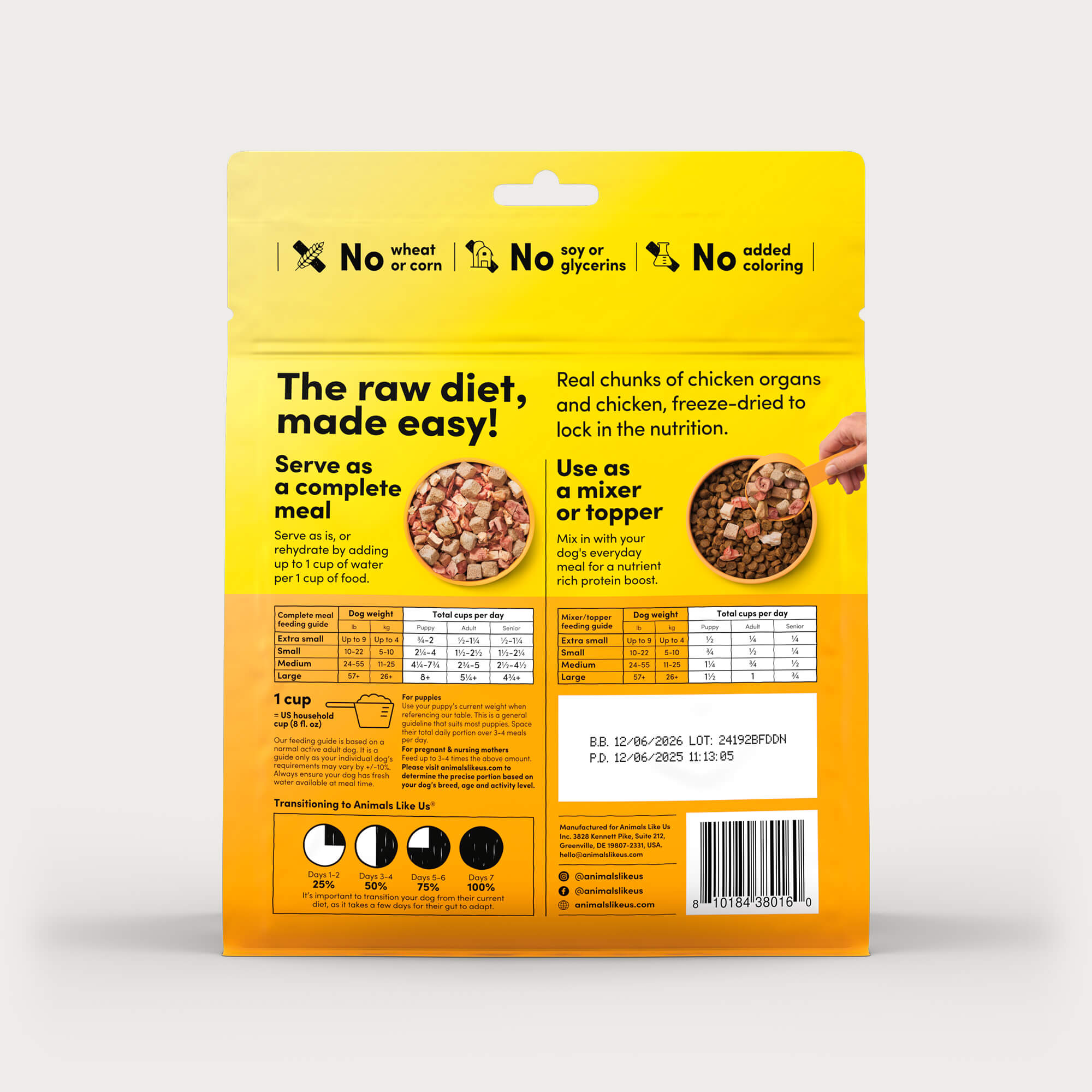 Back of package of Animals Like Us Raw100 Chicken Organs Recipe freeze-dried raw dry dog food meal or mixer 
