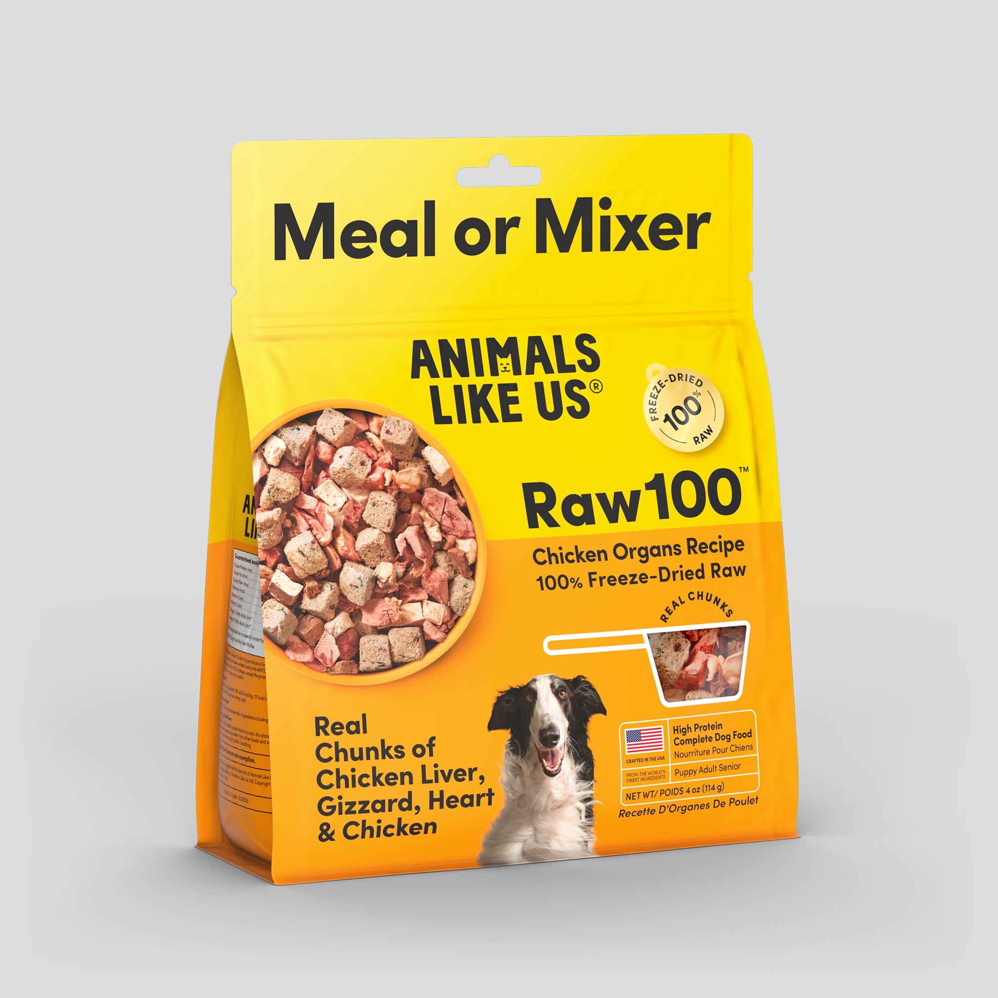 Package of Animals Like Us Raw100 Chicken Organs Recipe freeze-dried raw dry dog food meal or mixer.