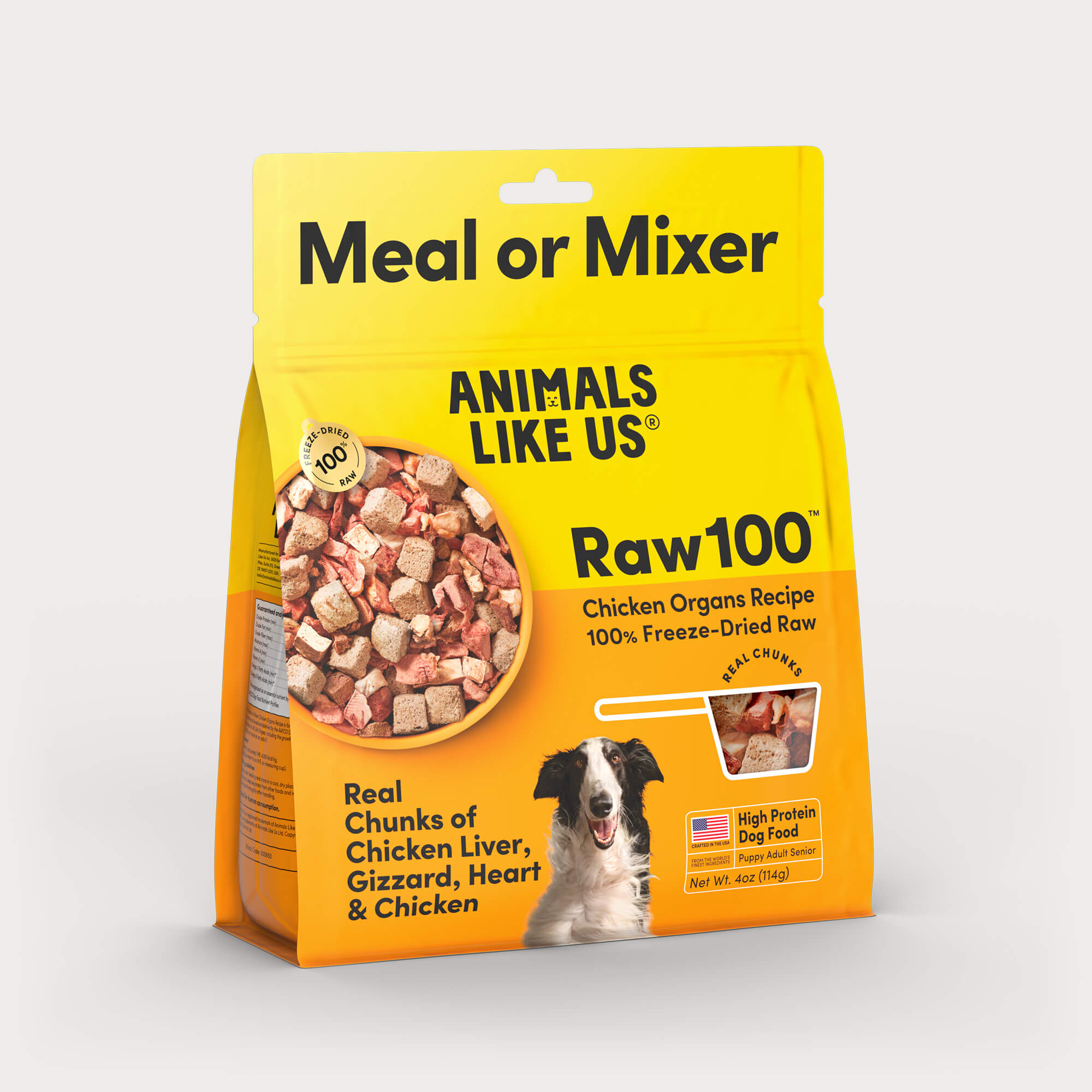 Package of Animals Like Us Raw100 Chicken Organs Recipe freeze-dried raw dry dog food meal or mixer.
