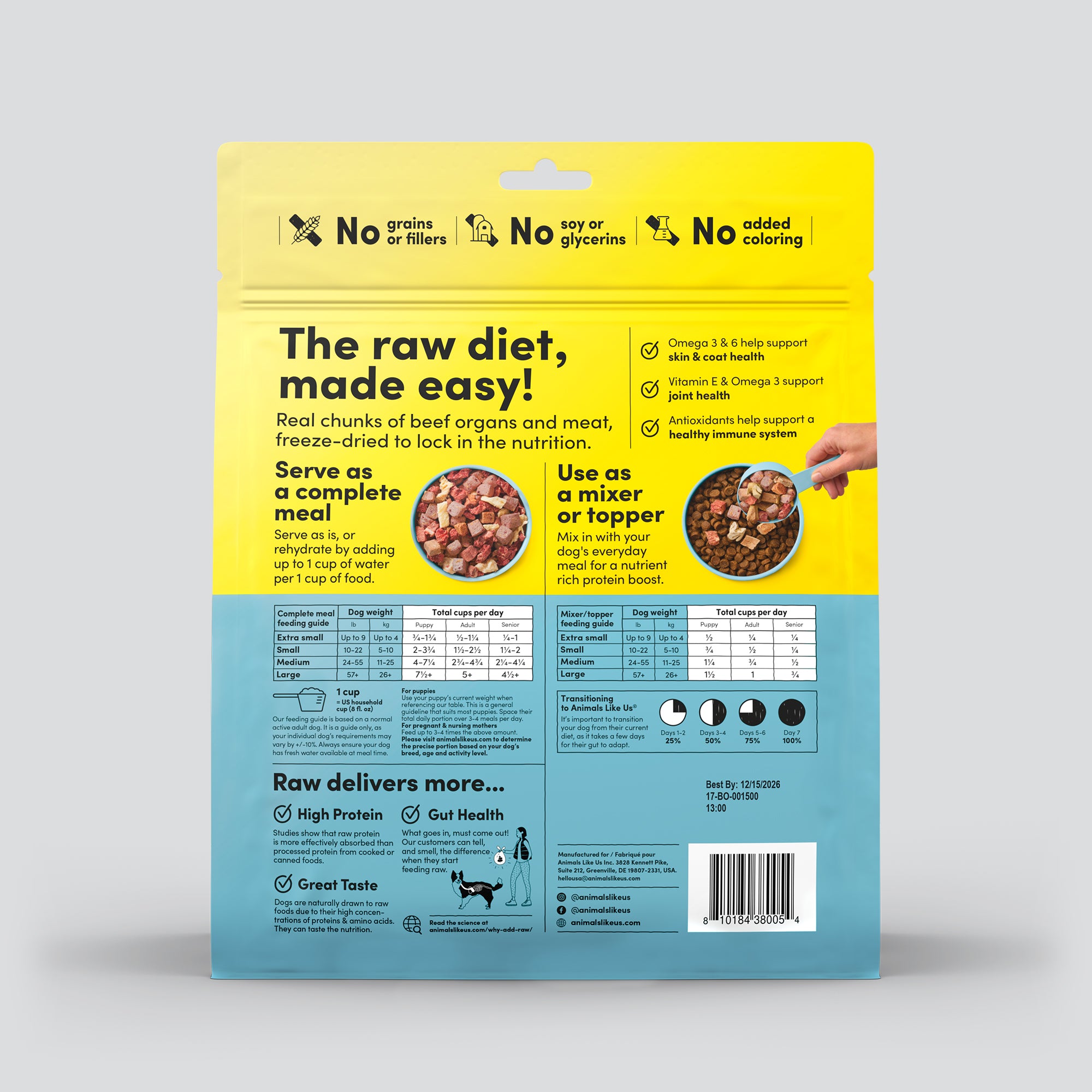 Back of package of Animals Like Us Raw100 Beef Organs Recipe freeze-dried raw dry dog food meal or mixer.