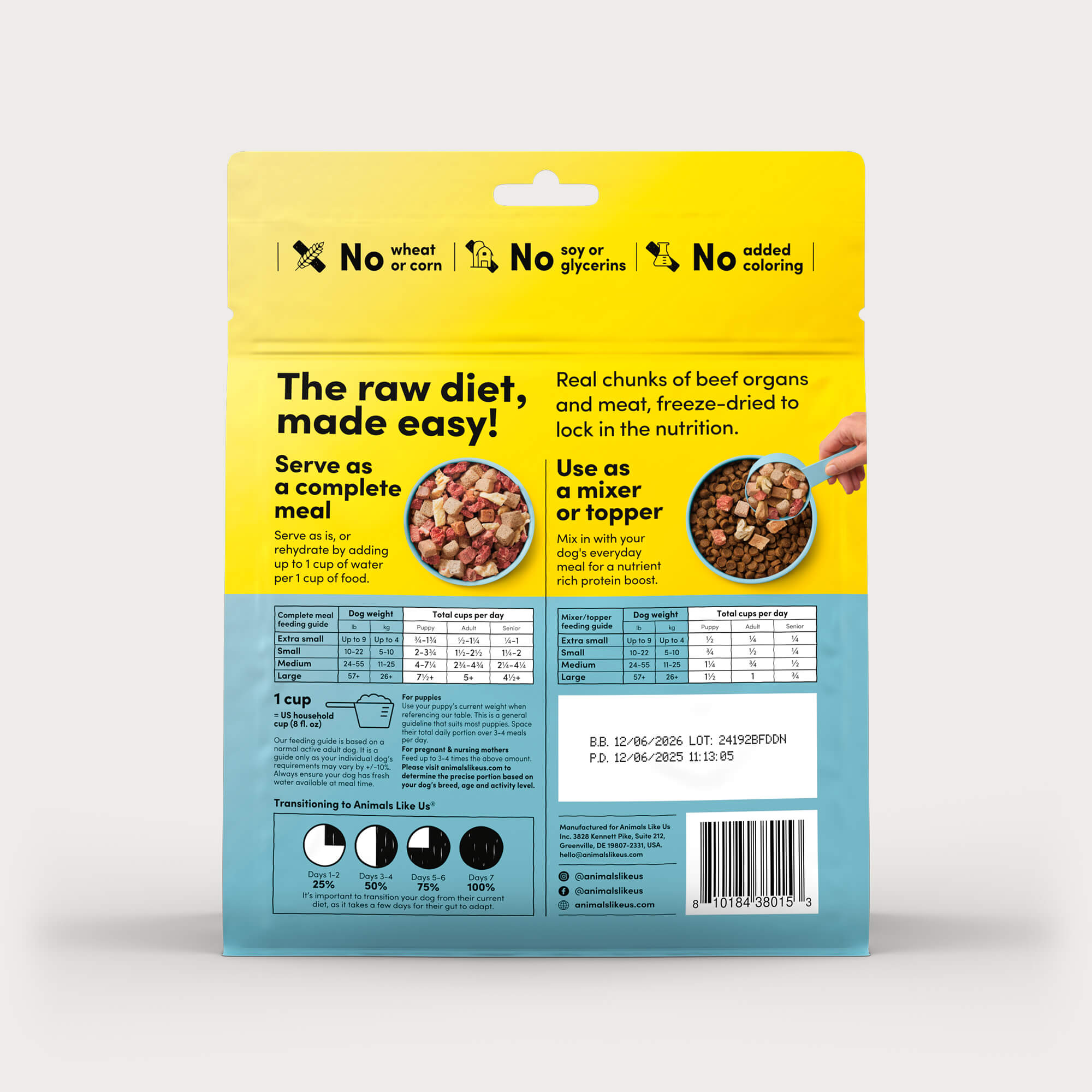 Back of package of Animals Like Us Raw100 Beef Organs Recipe freeze-dried raw dry dog food meal or mixer.