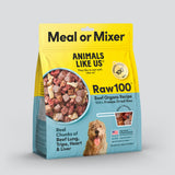 Package of Animals Like Us Raw100 Beef Organs Recipe freeze-dried raw dry dog food meal or mixer.