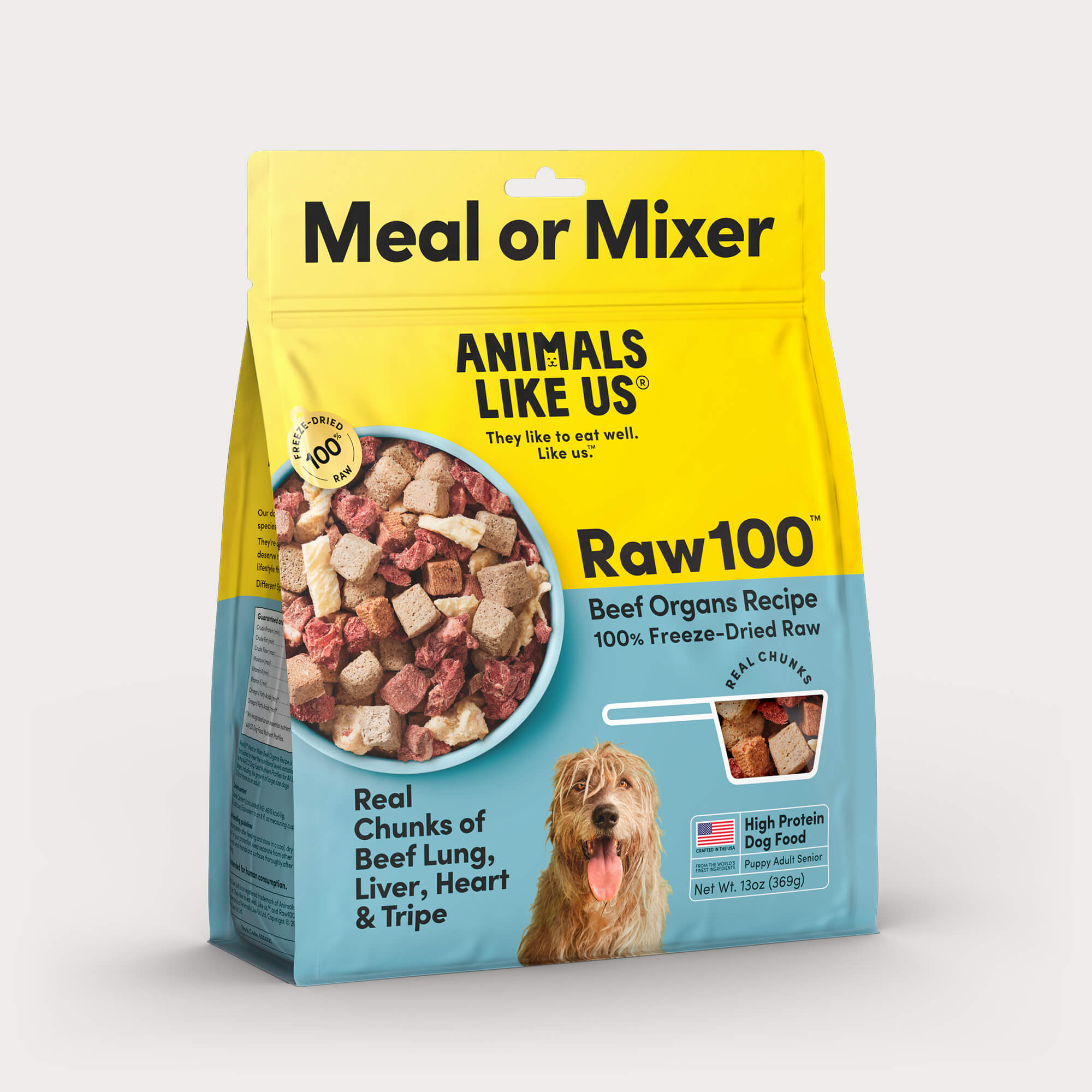 Package of Animals Like Us Raw100 Beef Organs Recipe freeze-dried raw dry dog food meal or mixer.