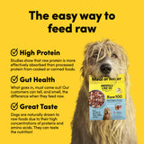 Card with text: The easy way to feed raw. High protein – studies show that raw protein is more effectively absorbed than processed protein. Gut health – what goes in, must come out. Our customers can tell, and smell, the difference when they feed raw. Great taste – dogs are naturally drawn to raw foods due to their high concentrations of proteins and amino acids.