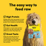 Card with text: The easy way to feed raw. High protein – studies show that raw protein is more effectively absorbed than processed protein. Gut health – what goes in, must come out. Our customers can tell, and smell, the difference when they feed raw. Great taste – dogs are naturally drawn to raw foods due to their high concentrations of proteins and amino acids.