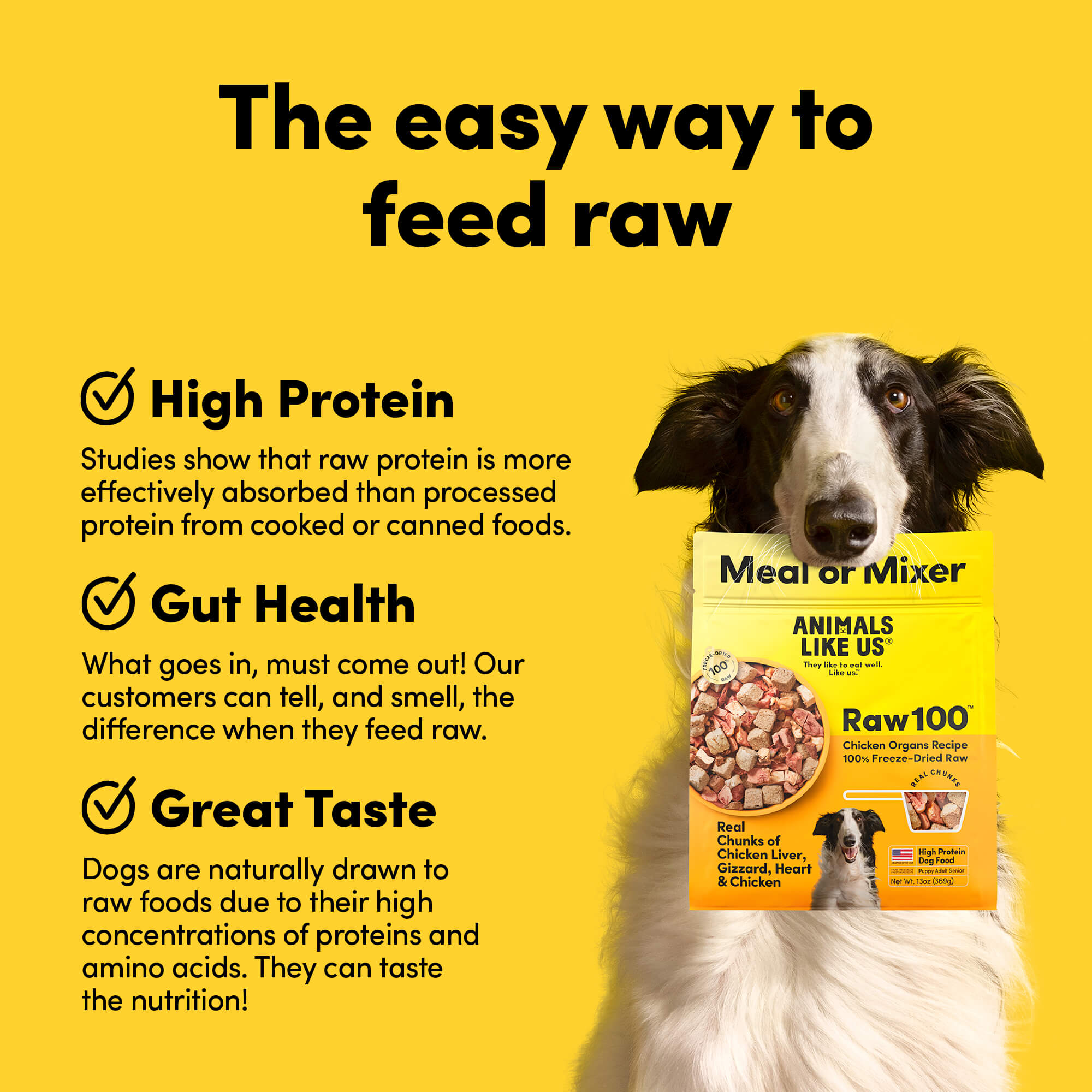 Card with text: The easy way to feed raw. High protein – studies show that raw protein is more effectively absorbed than processed protein. Gut health – what goes in, must come out. Our customers can tell, and smell, the difference when they feed raw. Great taste – dogs are naturally drawn to raw foods due to their high concentrations of proteins and amino acids.