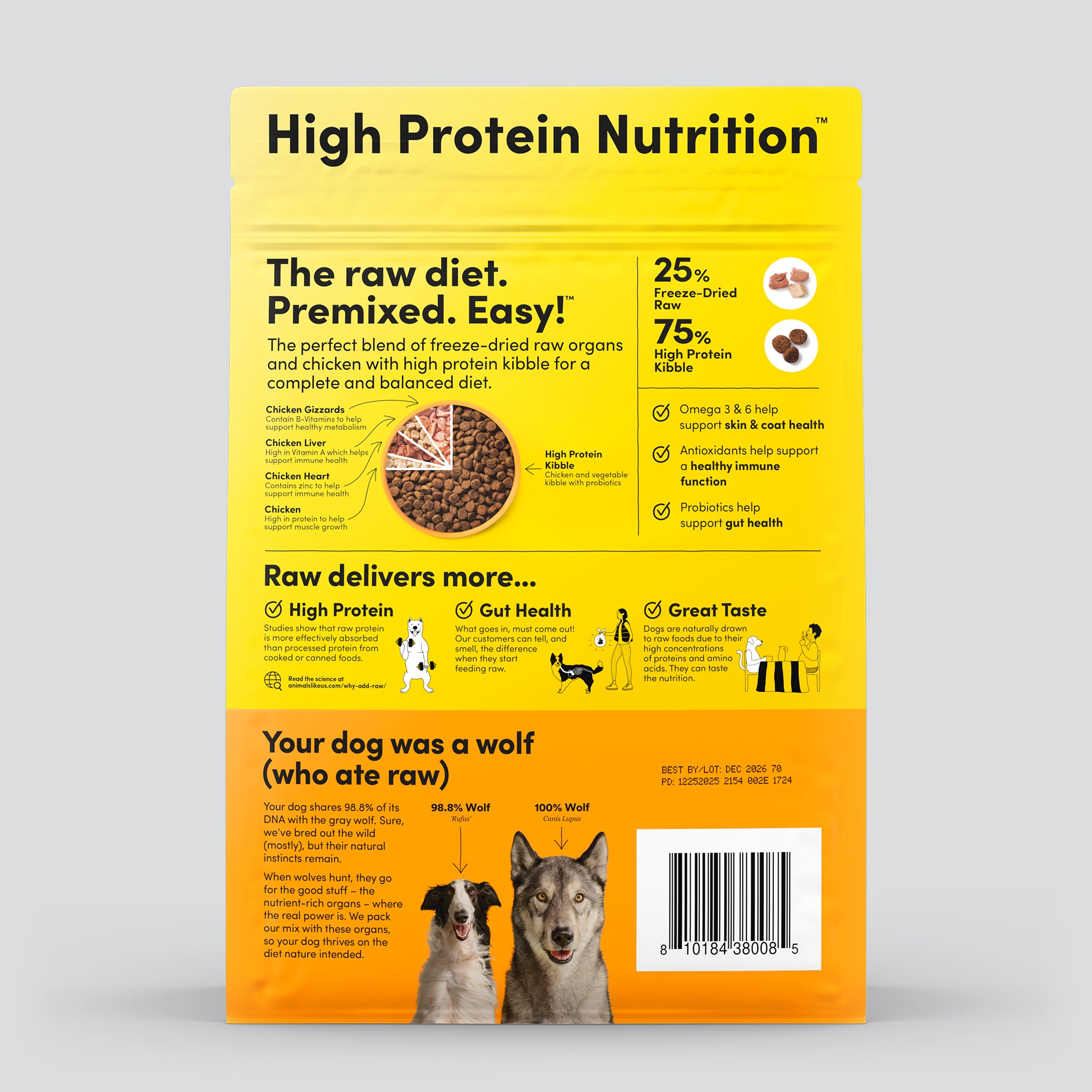 Back of packaging of of Animals Like Us RawMix25 Chicken Organs Recipe freeze-dried raw dry dog food.