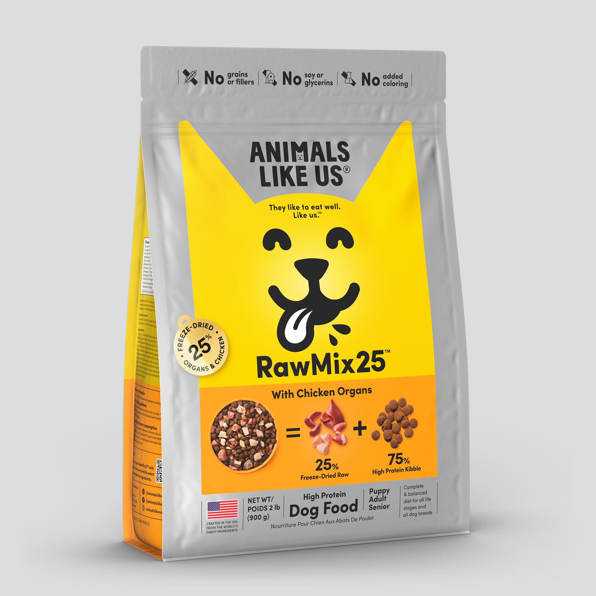 Package of Animals Like Us RawMix25 Chicken Organs Recipe freeze-dried raw dry dog food.