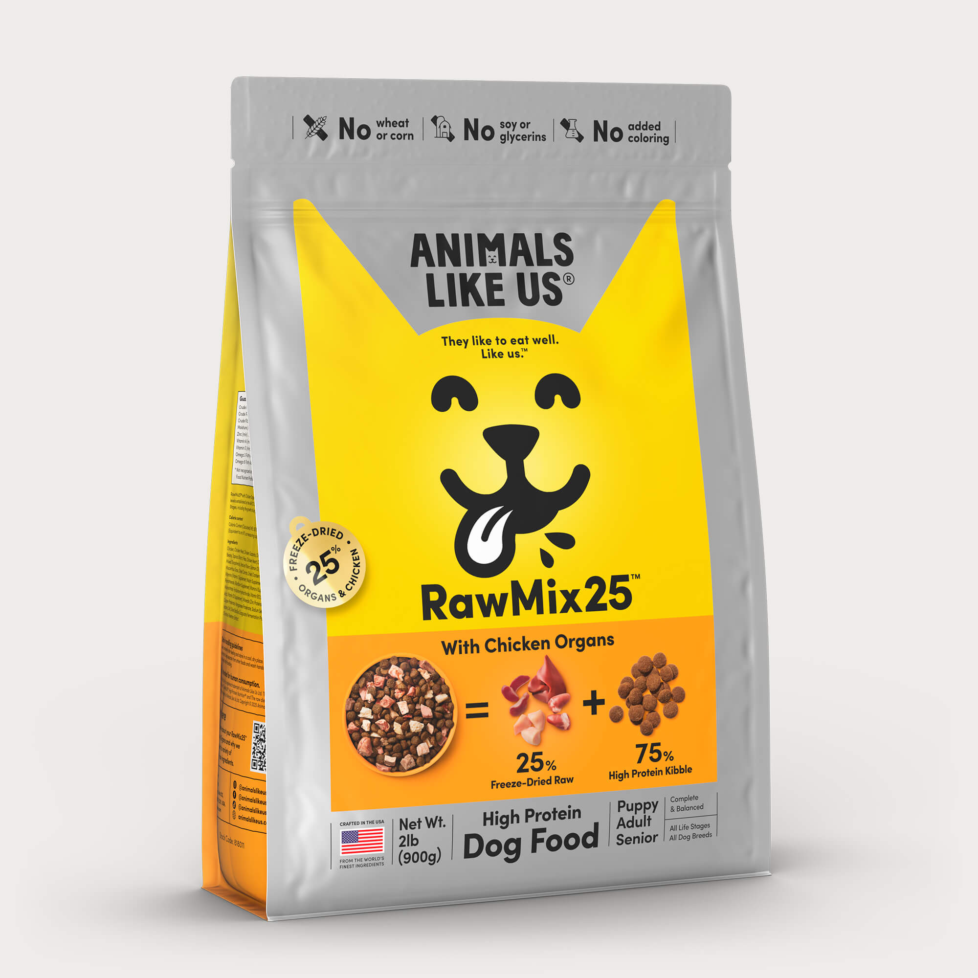 Package of Animals Like Us RawMix25 Chicken Organs Recipe freeze-dried raw dry dog food.