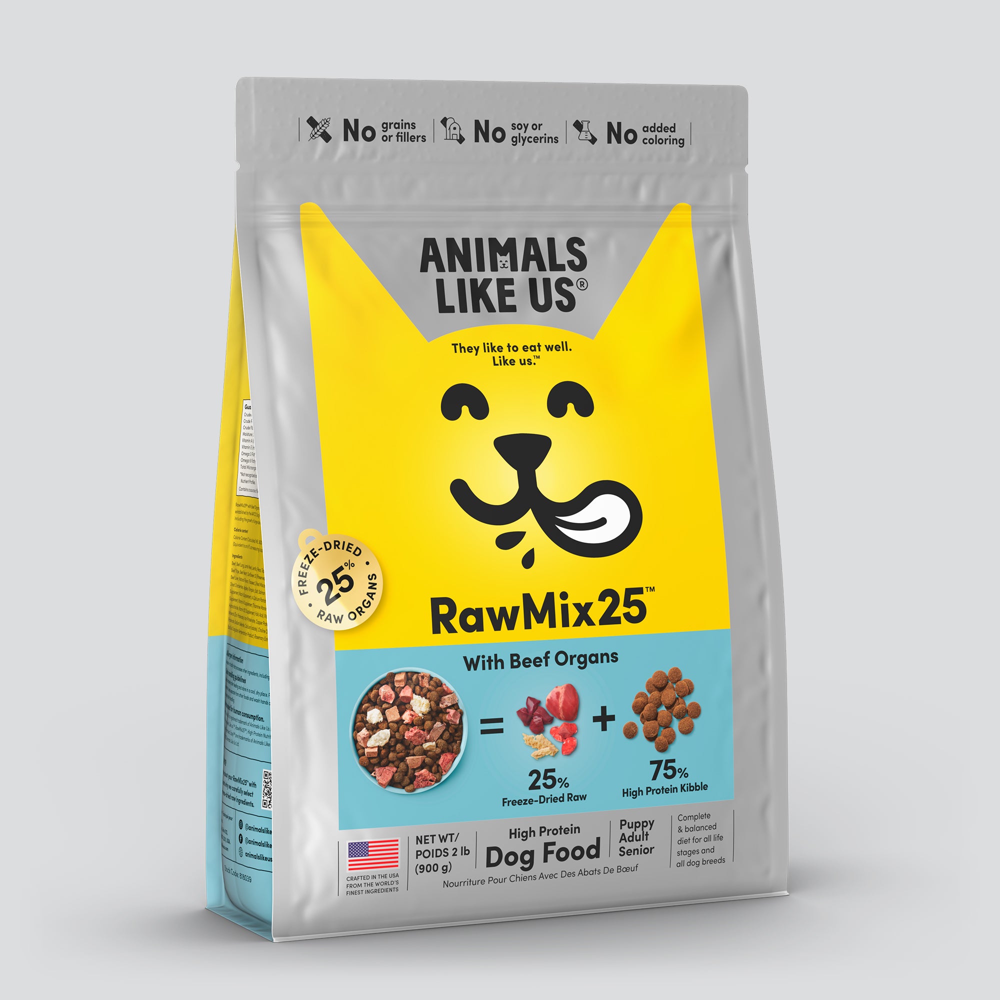 Package of Animals Like Us RawMix25 Beef Organs Recipe freeze-dried raw dry dog food.