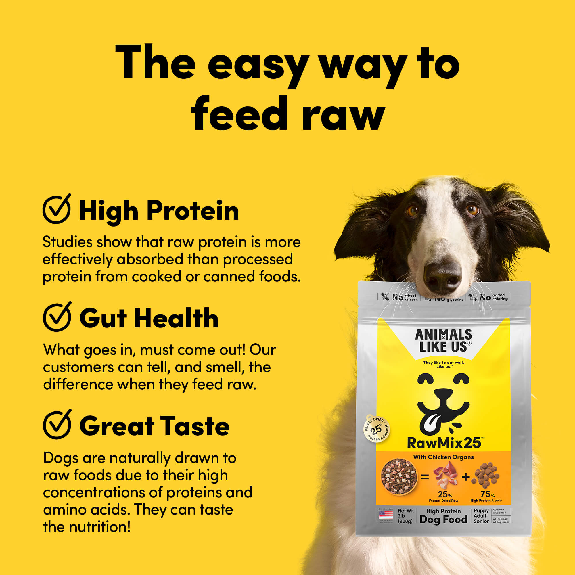 Card with text: The easy way to feed raw. High protein – studies show that raw protein is more effectively absorbed than processed protein. Gut health – what goes in, must come out. Our customers can tell, and smell, the difference when they feed raw. Great taste – dogs are naturally drawn to raw foods due to their high concentrations of proteins and amino acids.