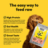 Card with text: The easy way to feed raw. High protein – studies show that raw protein is more effectively absorbed than processed protein. Gut health – what goes in, must come out. Our customers can tell, and smell, the difference when they feed raw. Great taste – dogs are naturally drawn to raw foods due to their high concentrations of proteins and amino acids.