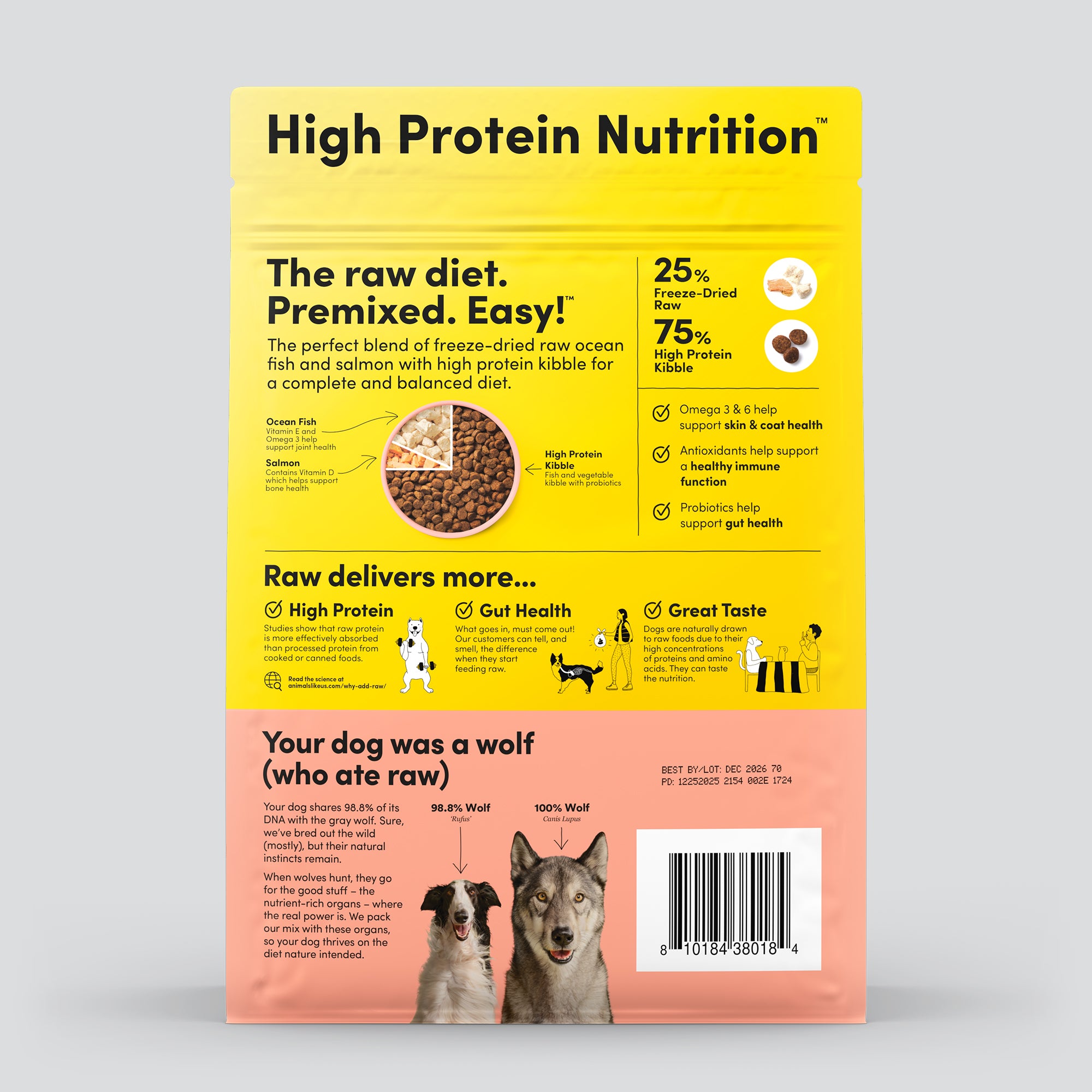 Back of package of Animals Like Us RawMix25 Ocean Fish and Salmon Recipe freeze-dried raw dry dog food.