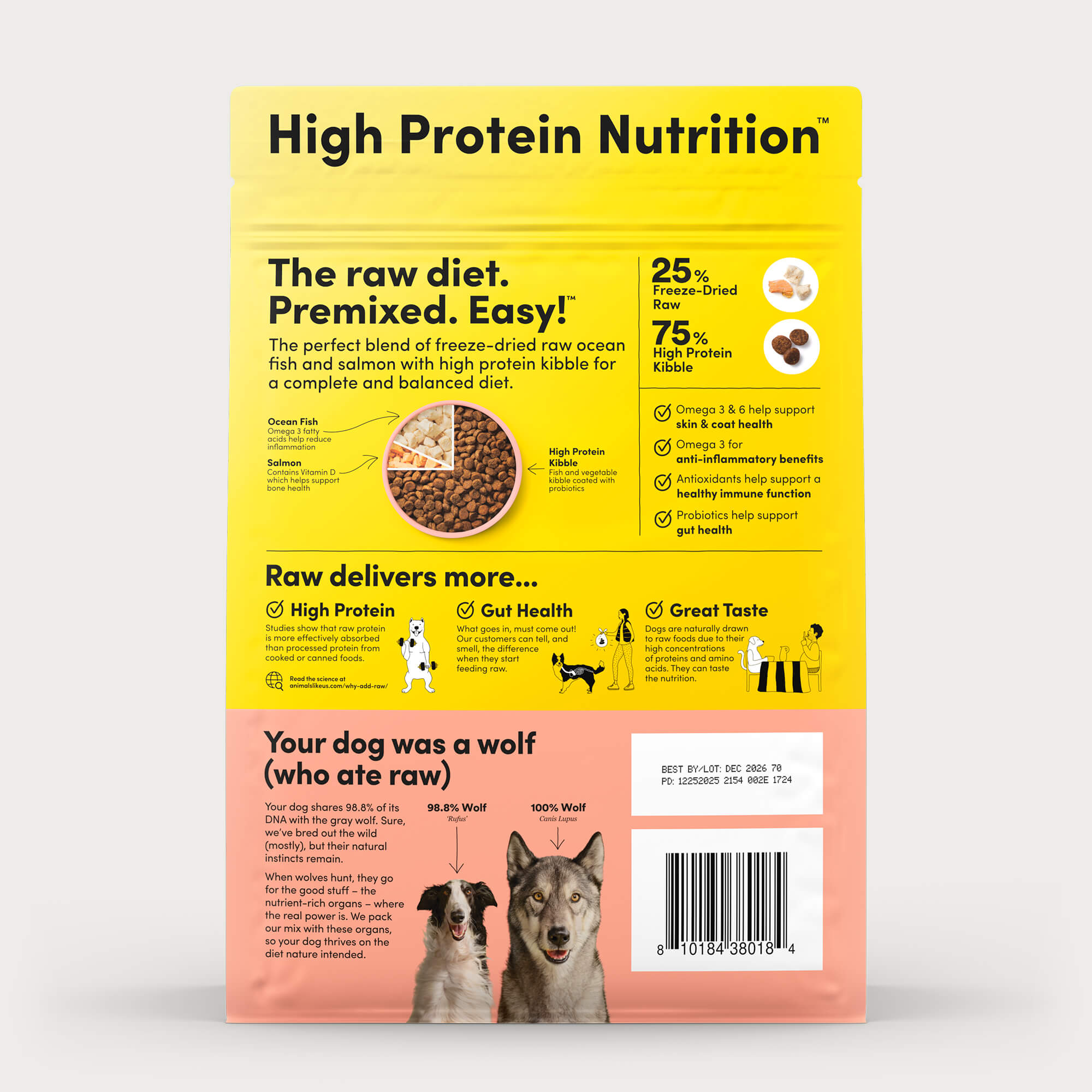 Back of package of Animals Like Us RawMix25 Ocean Fish and Salmon Recipe freeze-dried raw dry dog food.