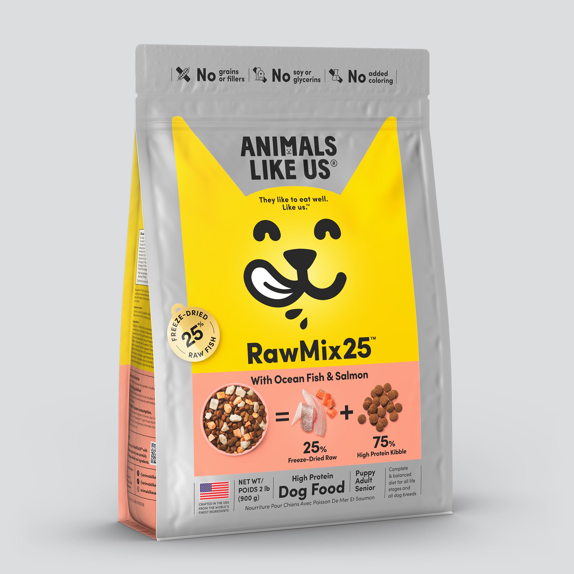 Package of Animals Like Us RawMix25 Ocean Fish and Salmon Recipe freeze-dried raw dry dog food.