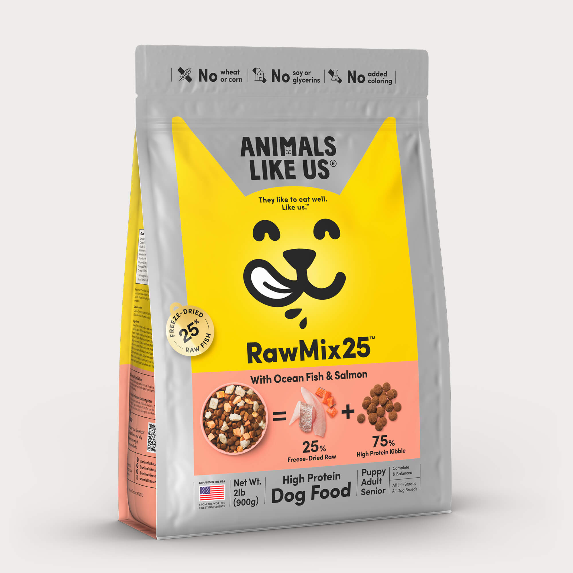 Package of Animals Like Us RawMix25 Ocean Fish and Salmon Recipe freeze-dried raw dry dog food.