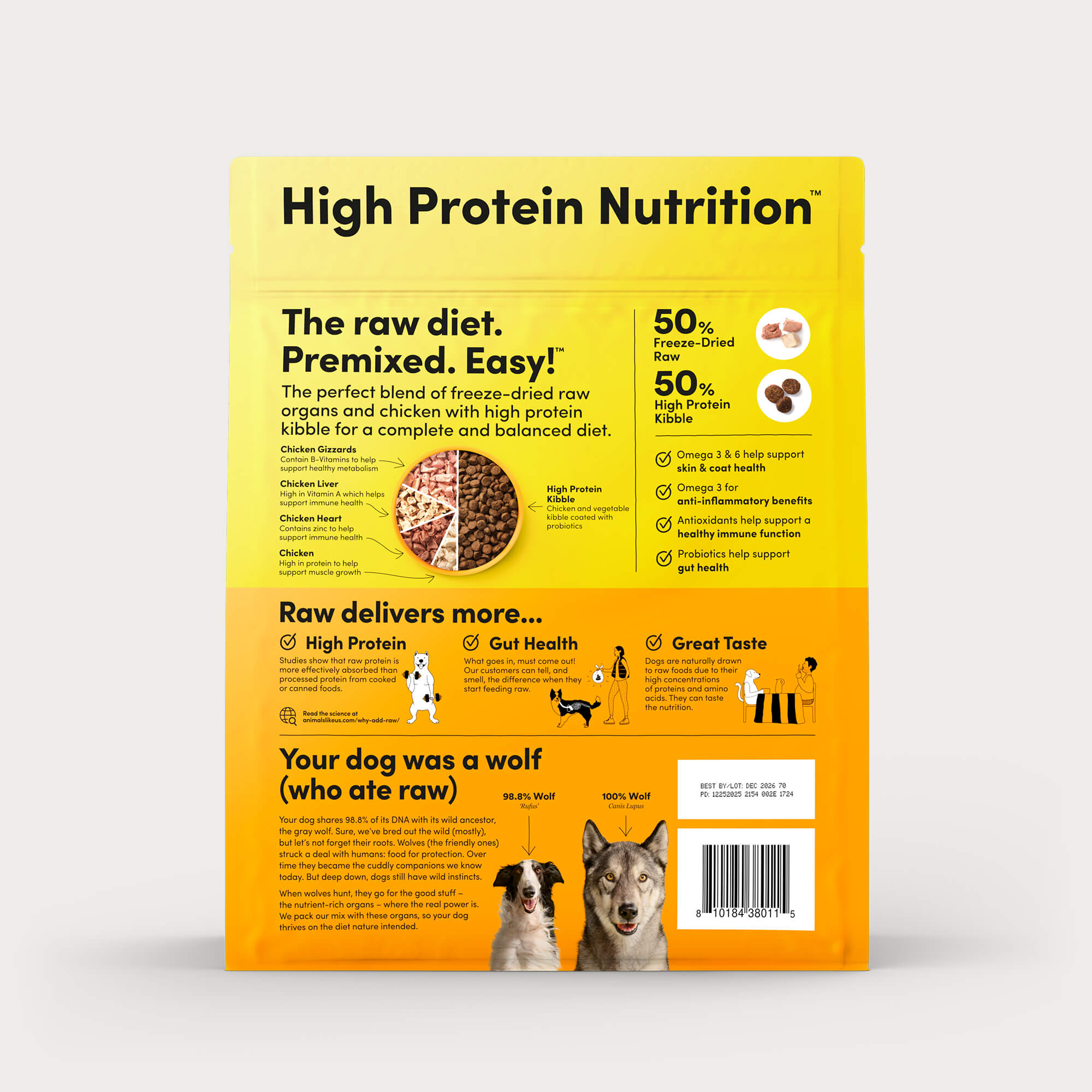 Back of package of Animals Like Us RawMix50 Chicken Organs Recipe freeze-dried raw dry dog food.