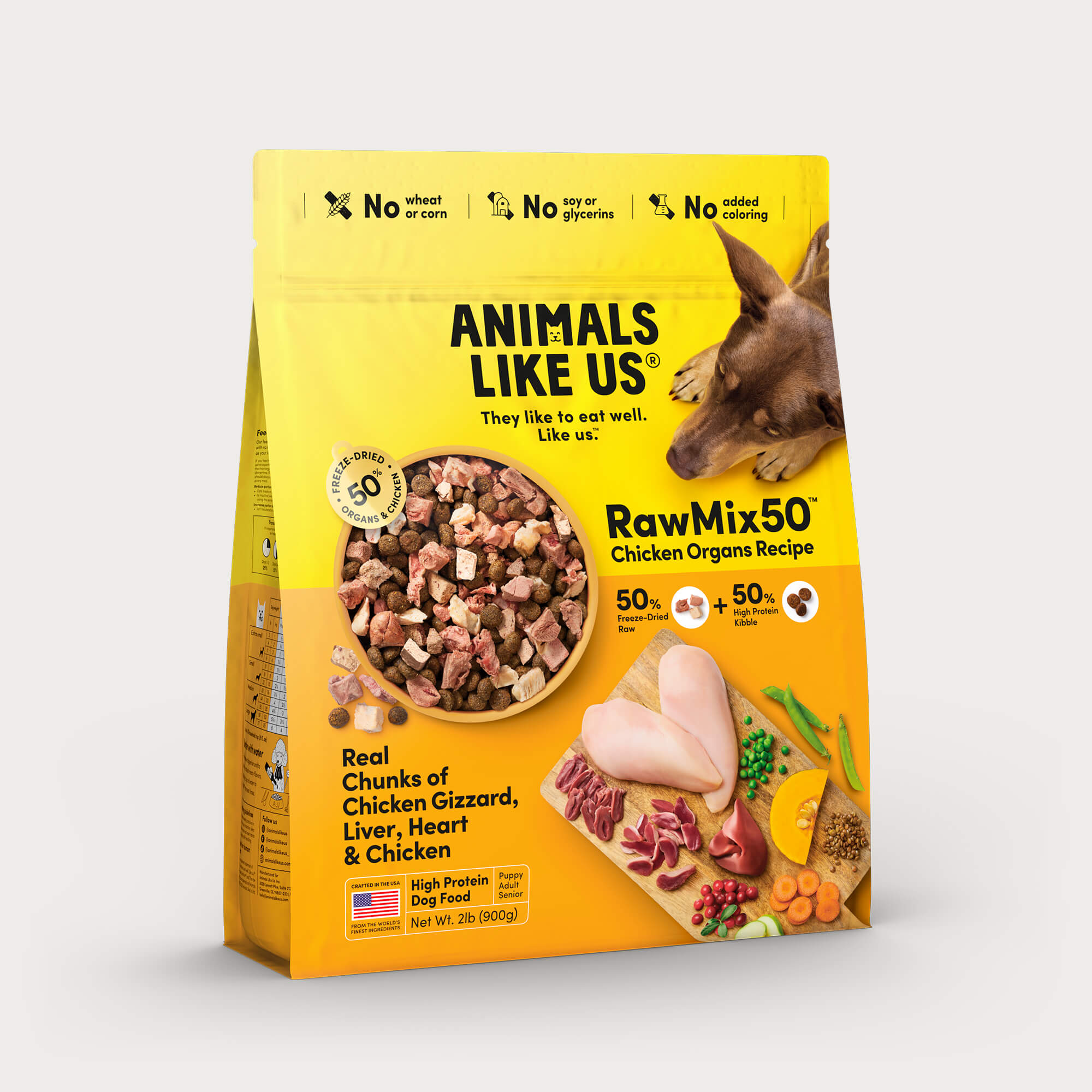 Package of Animals Like Us RawMix50 Chicken Organs Recipe freeze-dried raw dry dog food.