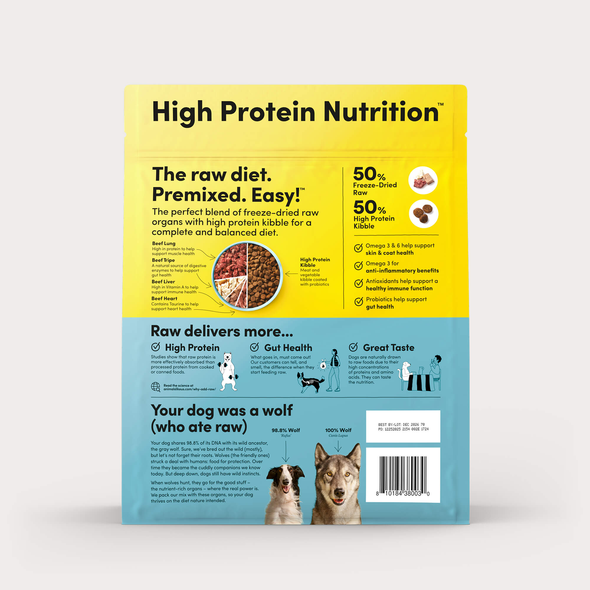 Back of package of Animals Like Us RawMix50 Beef Organs Recipe freeze-dried raw dry dog food.