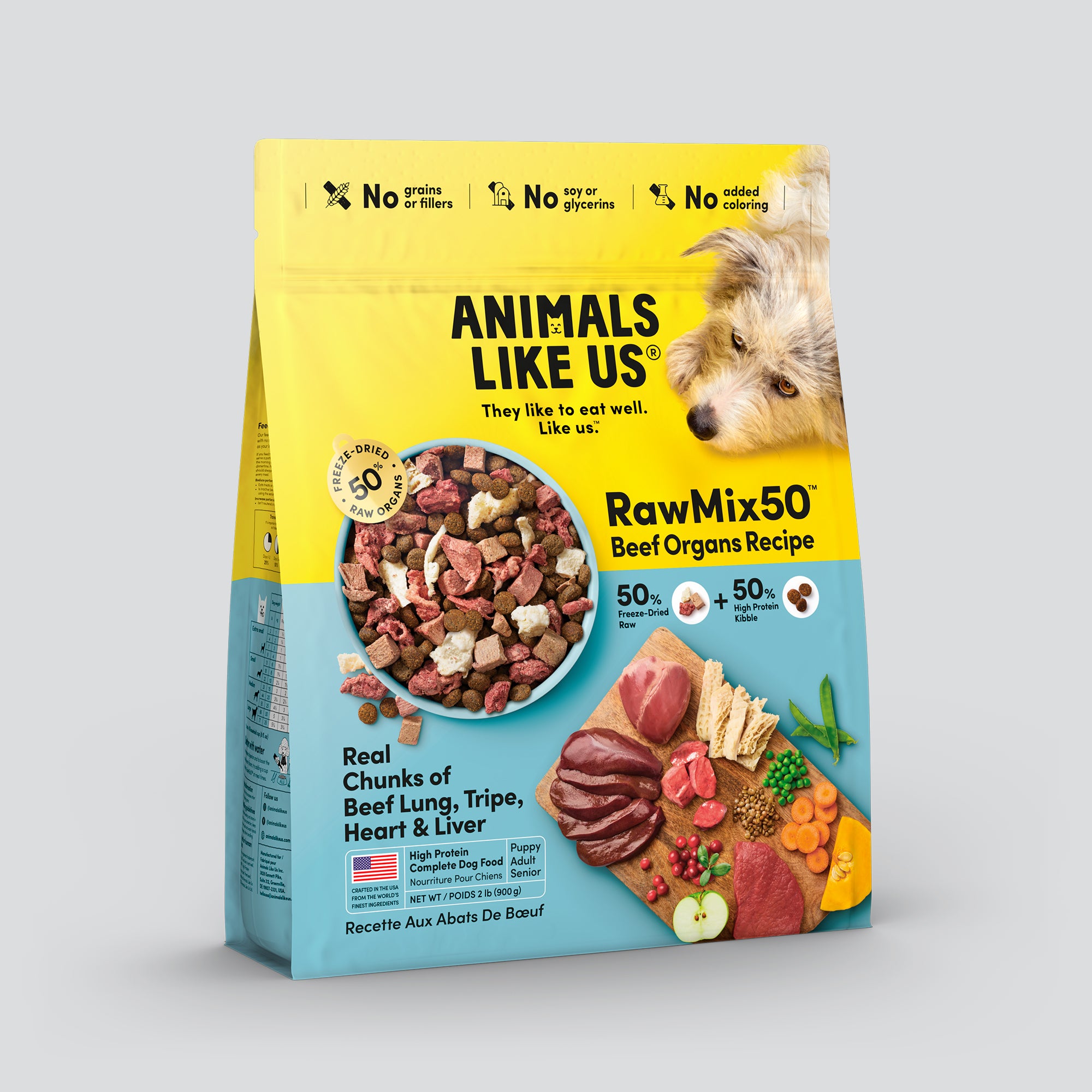 Package of Animals Like Us RawMix50 Beef Organs Recipe freeze-dried raw dry dog food.