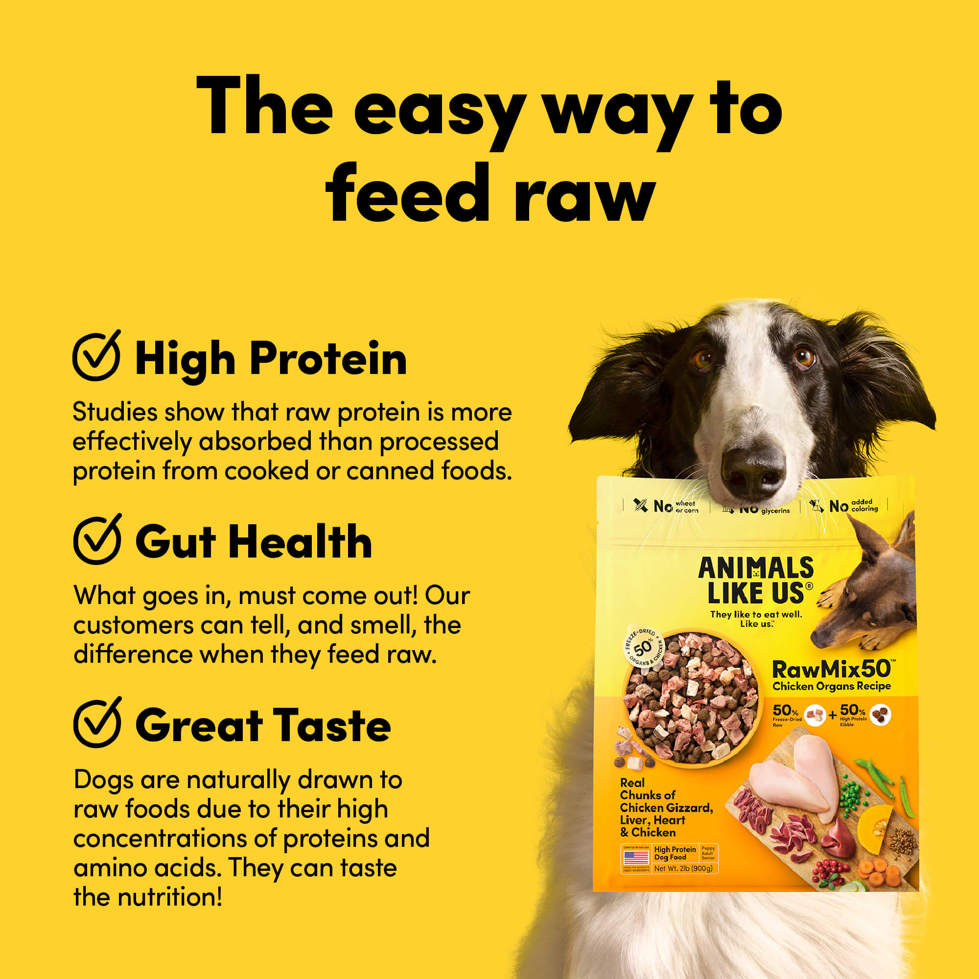 Card with text: The easy way to feed raw. High protein – studies show that raw protein is more effectively absorbed than processed protein. Gut health – what goes in, must come out. Our customers can tell, and smell, the difference when they feed raw. Great taste – dogs are naturally drawn to raw foods due to their high concentrations of proteins and amino acids.