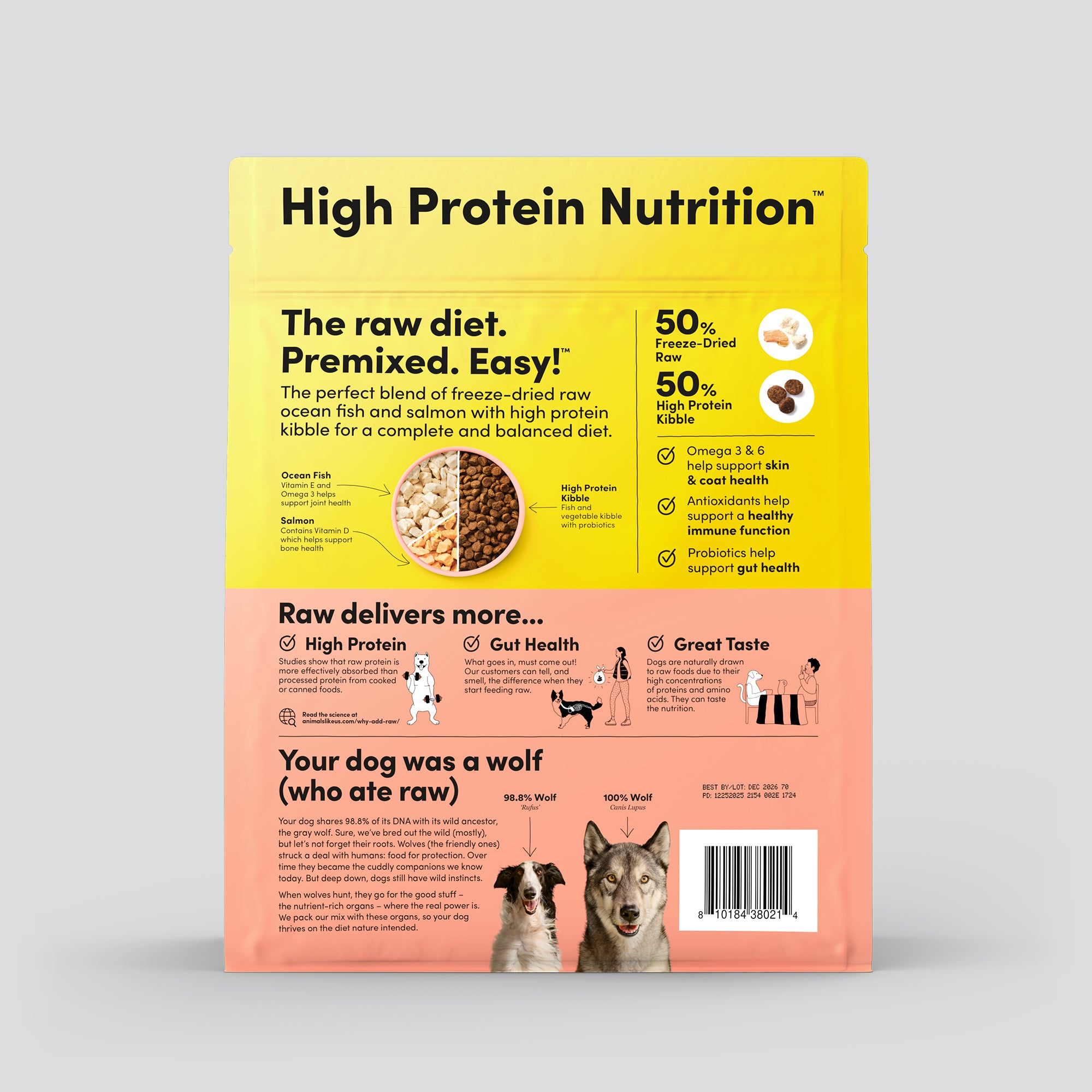 Back of package of Animals Like Us RawMix50 Ocean Fish and Salmon Recipe freeze-dried raw dry dog food.