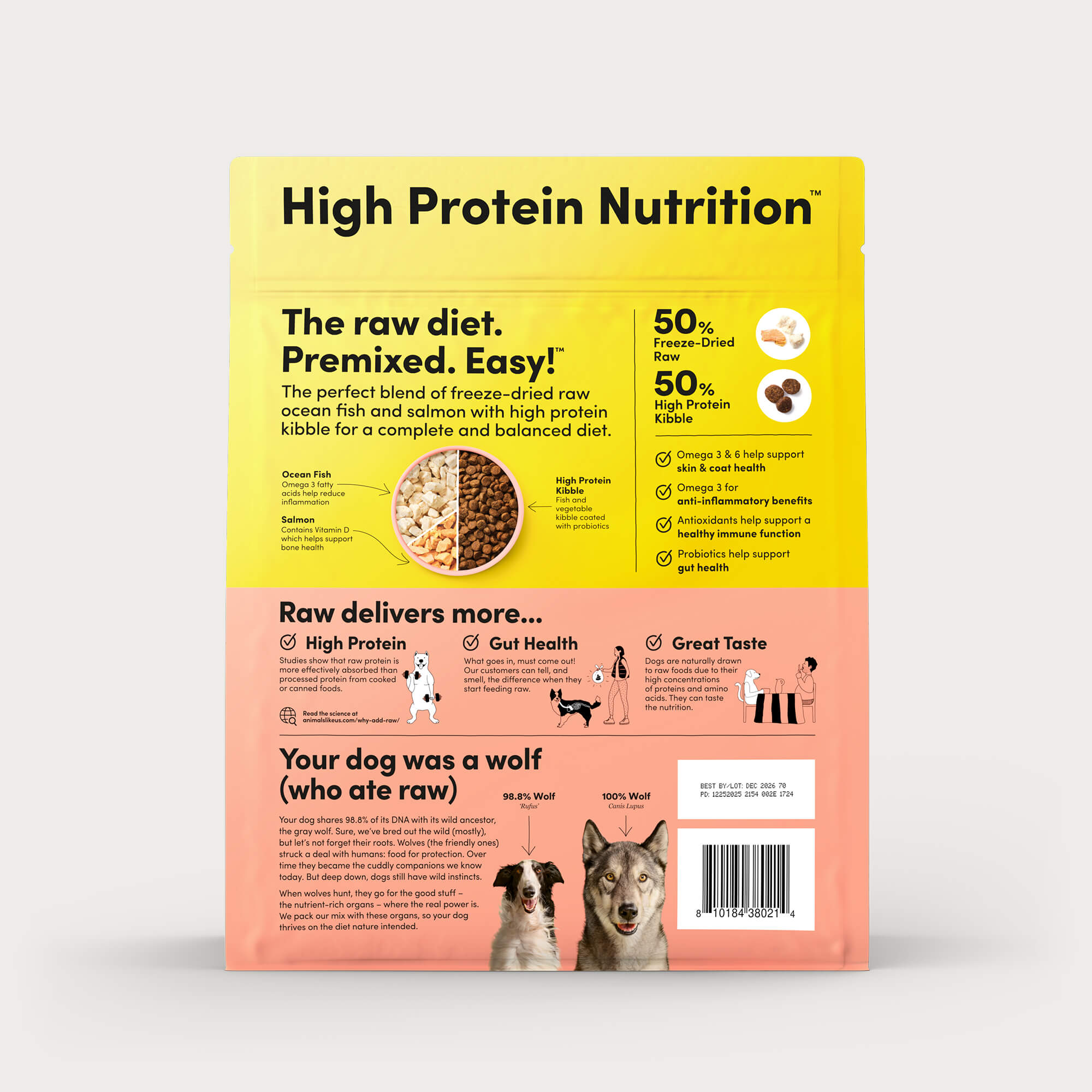 Back of package of Animals Like Us RawMix50 Ocean Fish and Salmon Recipe freeze-dried raw dry dog food.