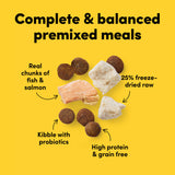 Card with text: Complete and balanced premixed meals. 50% freeze-dried raw chunks of fish and salmon, high protein grain free kibble with probiotics