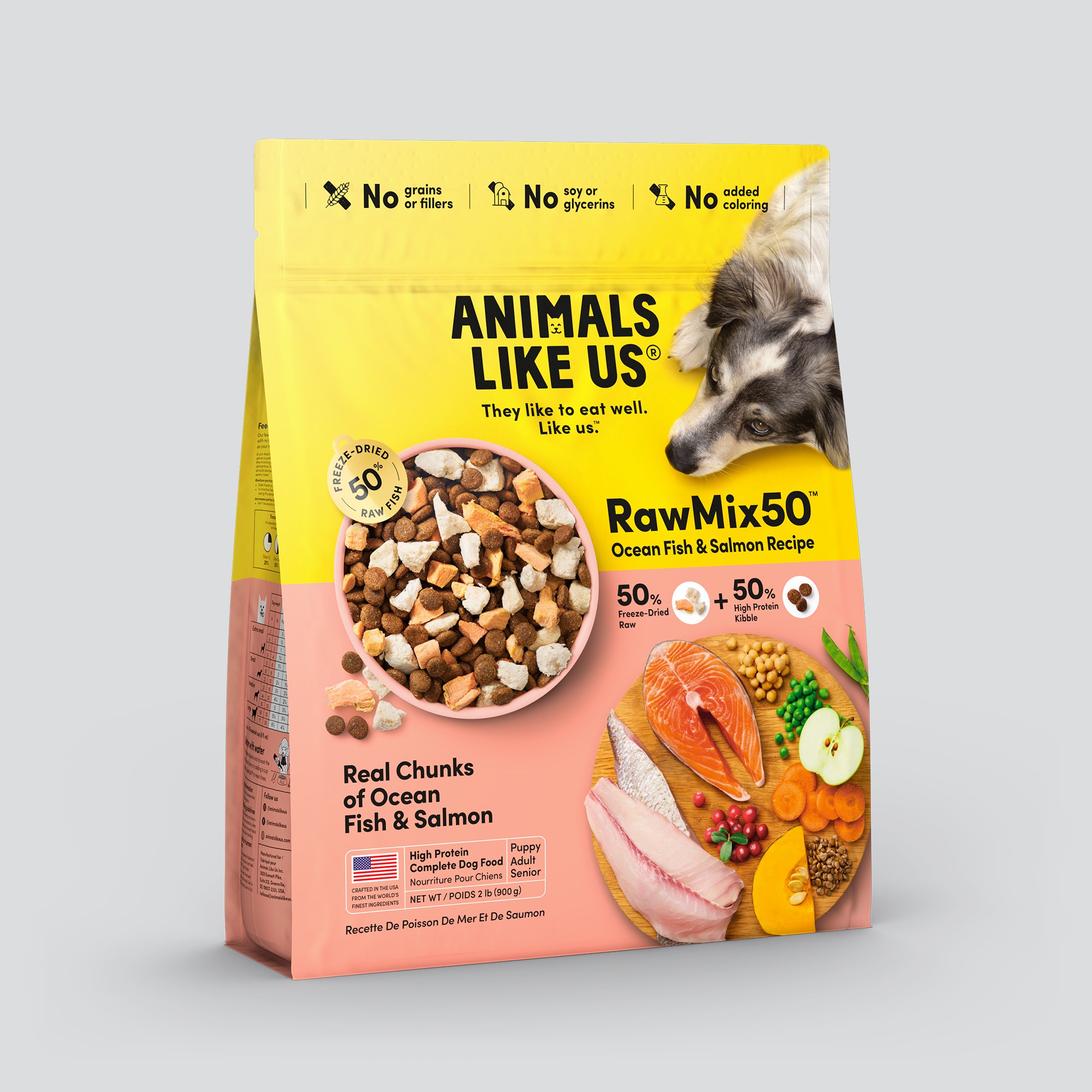 Package of Animals Like Us RawMix50 Ocean Fish and Salmon Recipe freeze-dried raw dry dog food