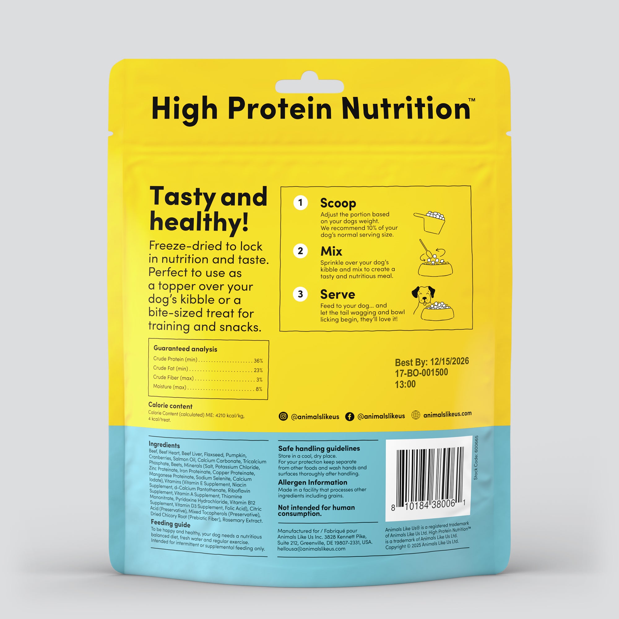 Back of package of Animals Like Us Beef Recipe dog topper or treats.