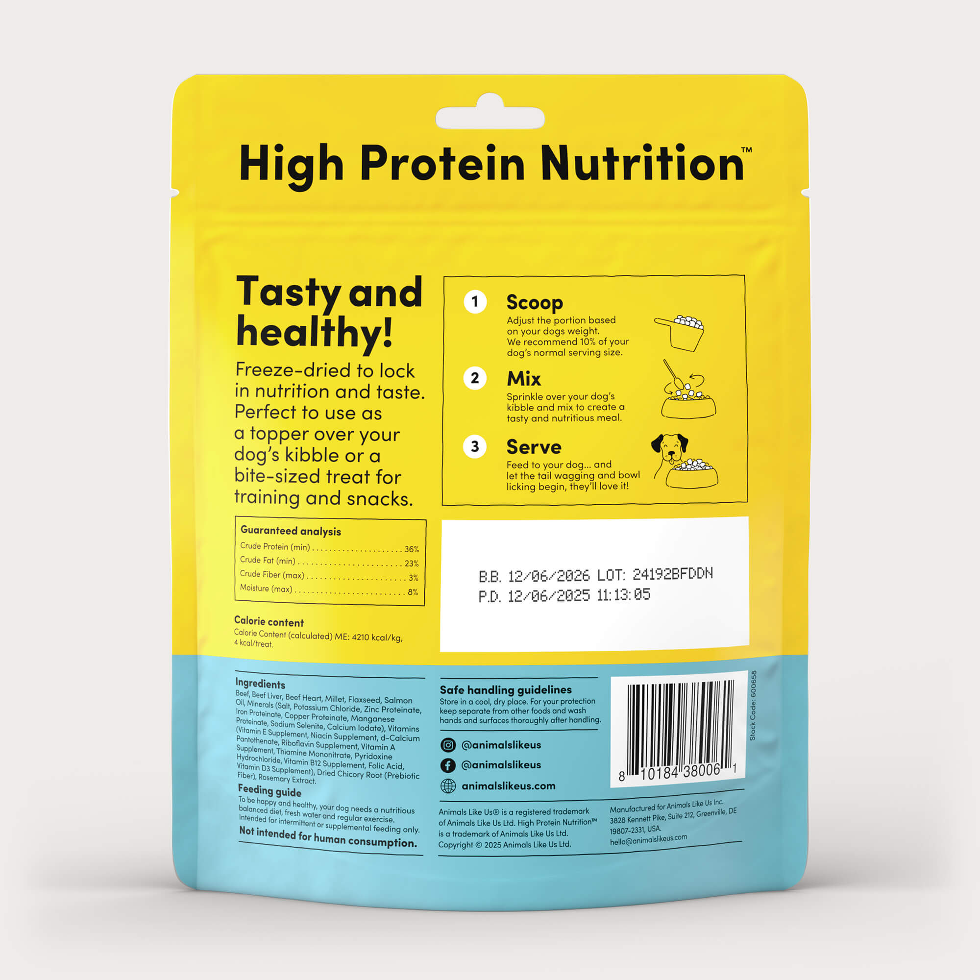 Back of package of Animals Like Us Beef Recipe dog topper or treats.