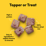 Card with text: Complete and balanced. 100% freeze-dried raw. Only 9-12 ingredients + added vitamins and minerals.