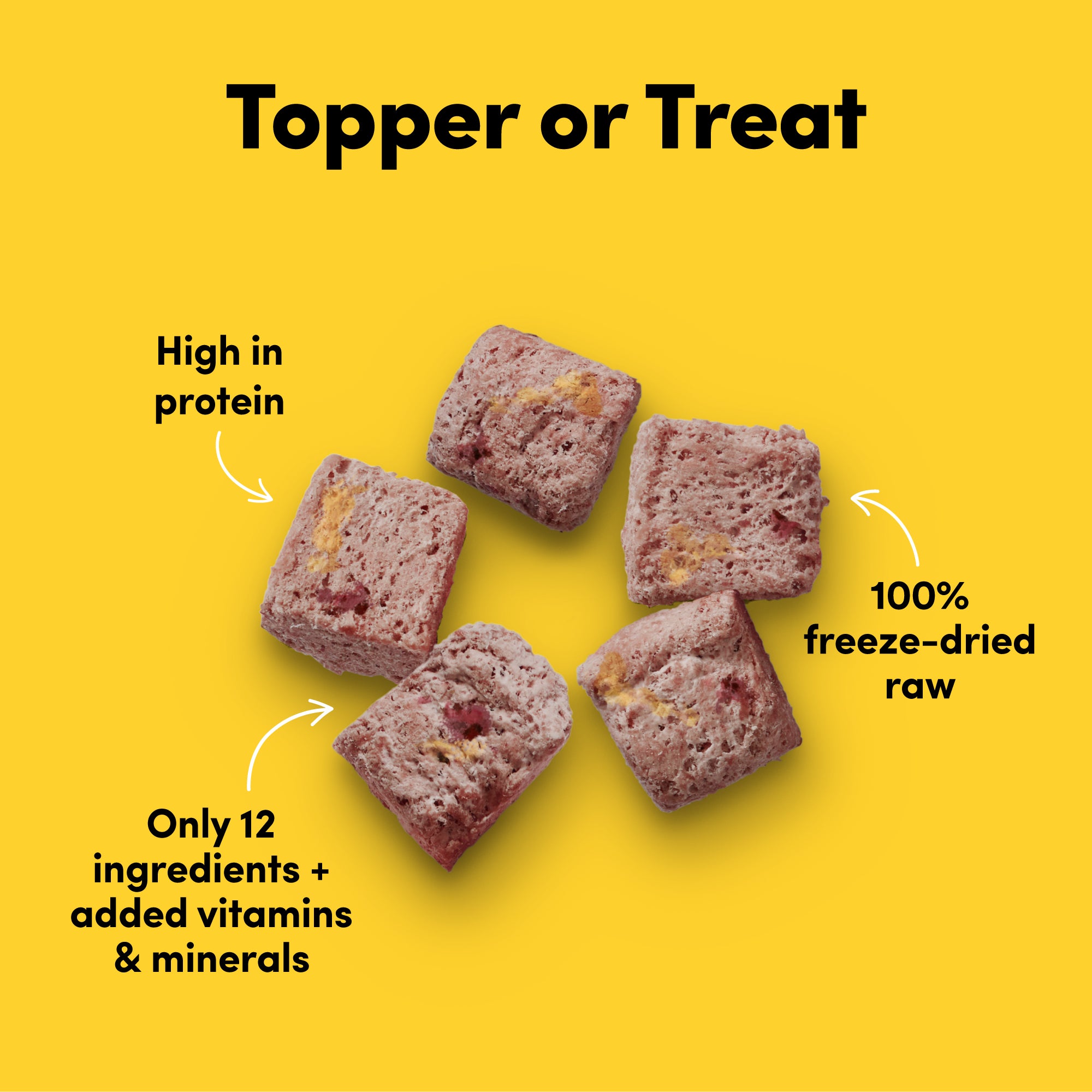 Card with text: Complete and balanced. 100% freeze-dried raw. Only 9-12 ingredients + added vitamins and minerals.