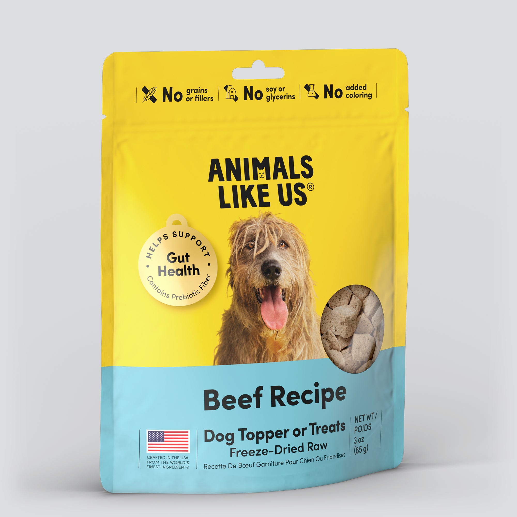 Package of Animals Like Us Beef Recipe dog topper or treats.