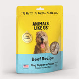 Package of Animals Like Us Beef Recipe dog topper or treats.