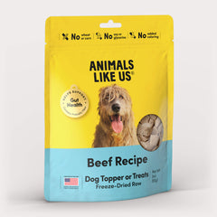 Package of Animals Like Us Beef Recipe dog topper or treats.