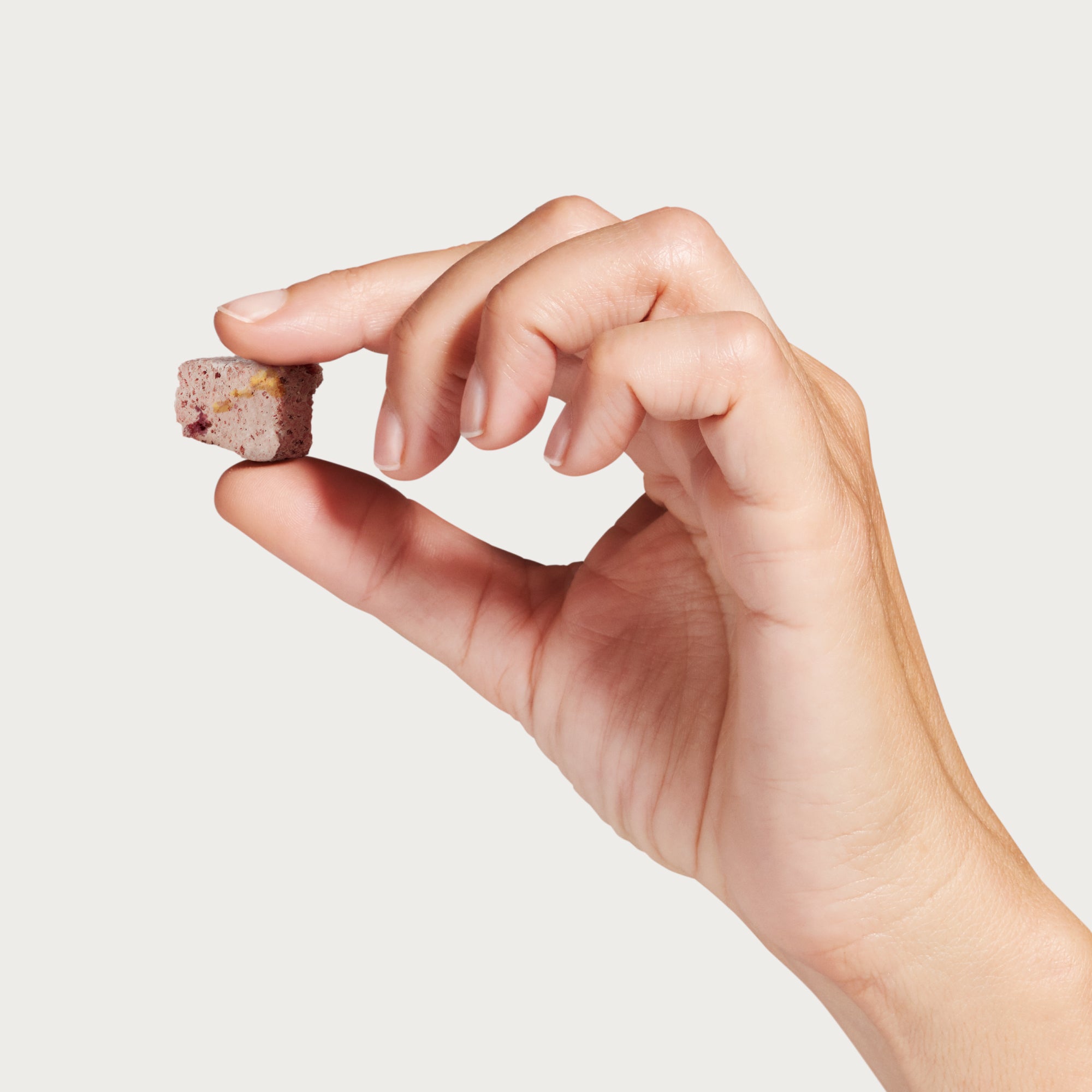 A hand holding one piece of Topper or Treat