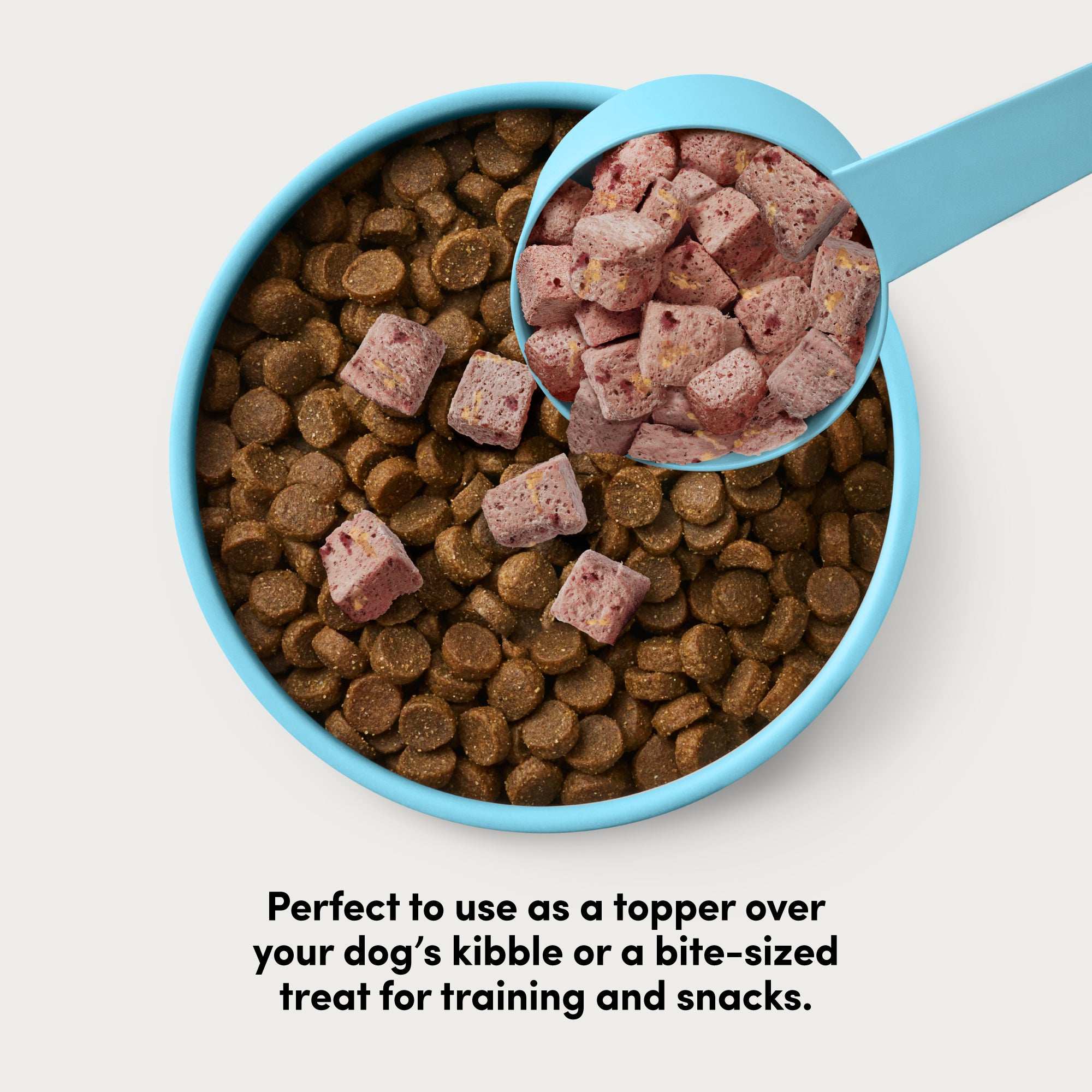Card with text: Perfect to use as a topper over your dog's kibble or a bite-sized treat for training and snacks