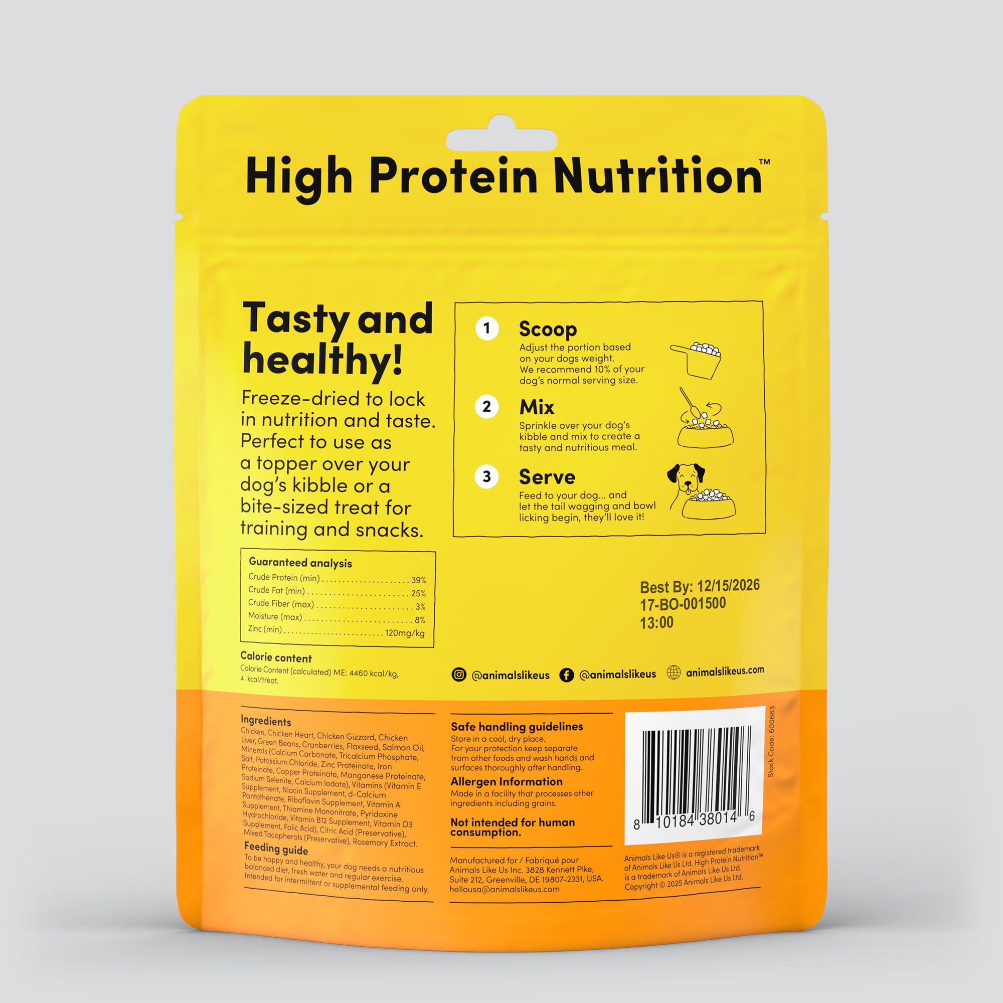 Back of package of Animals Like Us Chicken Recipe dog topper or treats