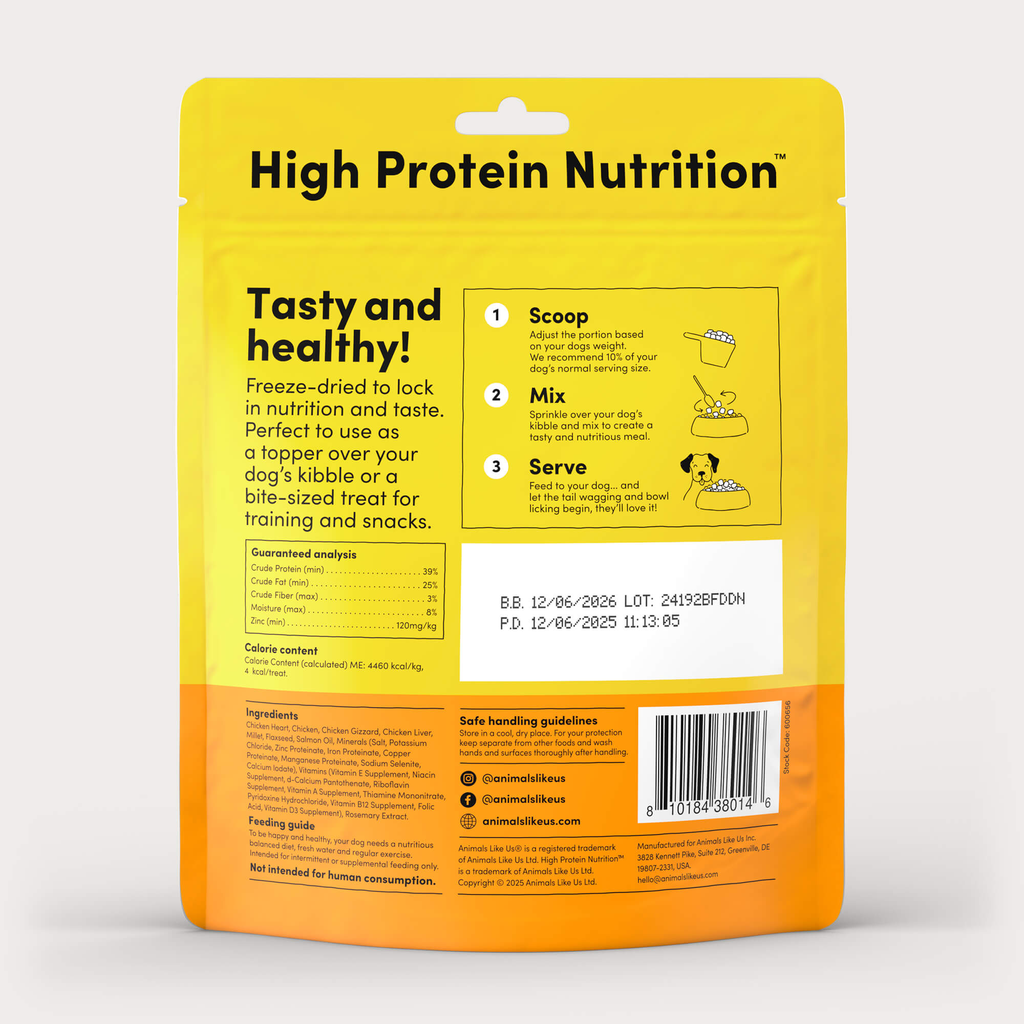 Back of package of Animals Like Us Chicken Recipe dog topper or treats.