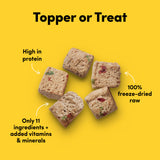 Card with text: Complete and balanced. 100% freeze-dried raw. Only 9-12 ingredients + added vitamins and minerals. Single source protein.