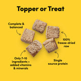 Card with text: Complete and balanced. 100% freeze-dried raw. Only 7-10 ingredients + added vitamins and minerals. Single source protein.