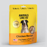 Package of Animals Like Us Chicken Recipe dog topper or treats.