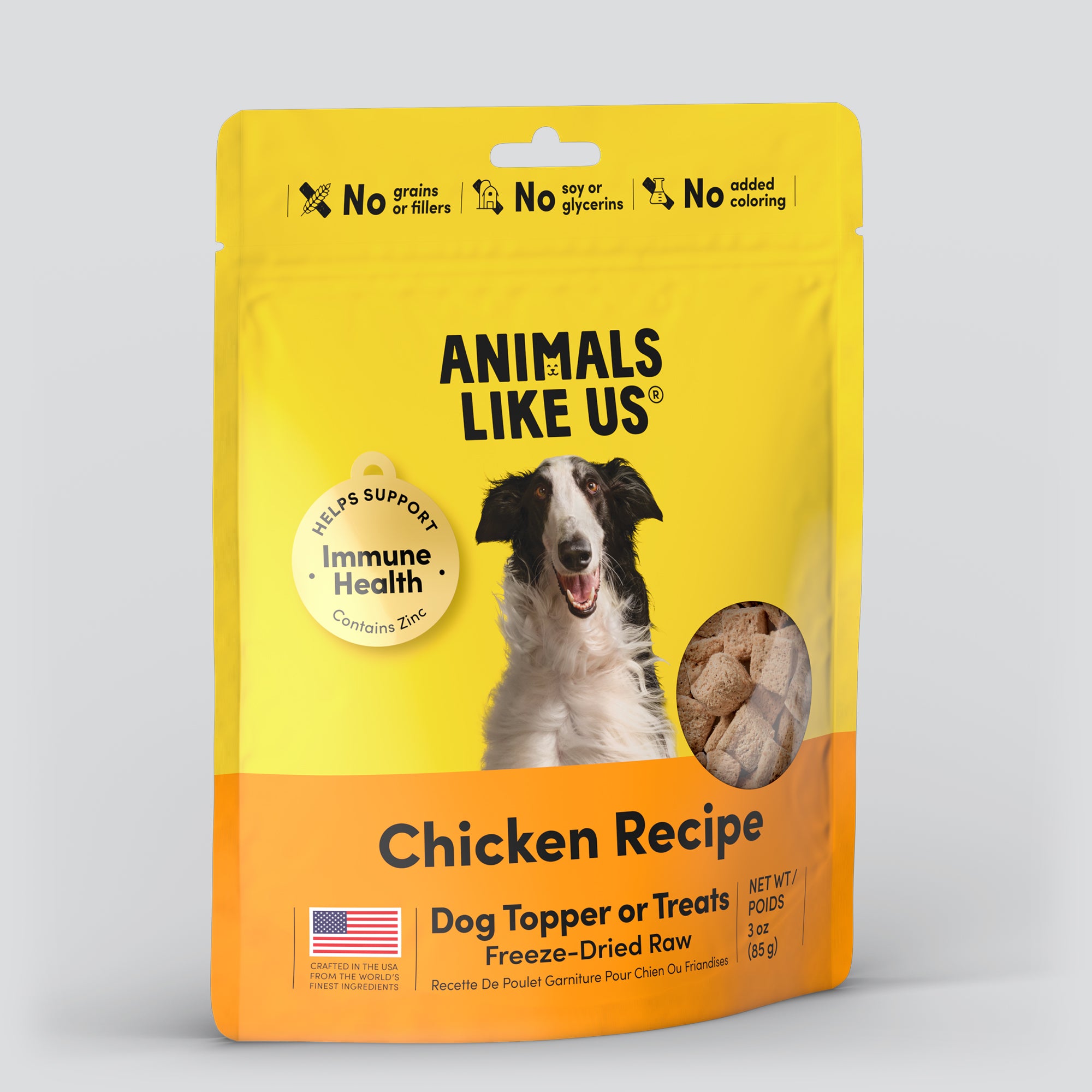 Package of Animals Like Us Chicken Recipe dog topper or treats.