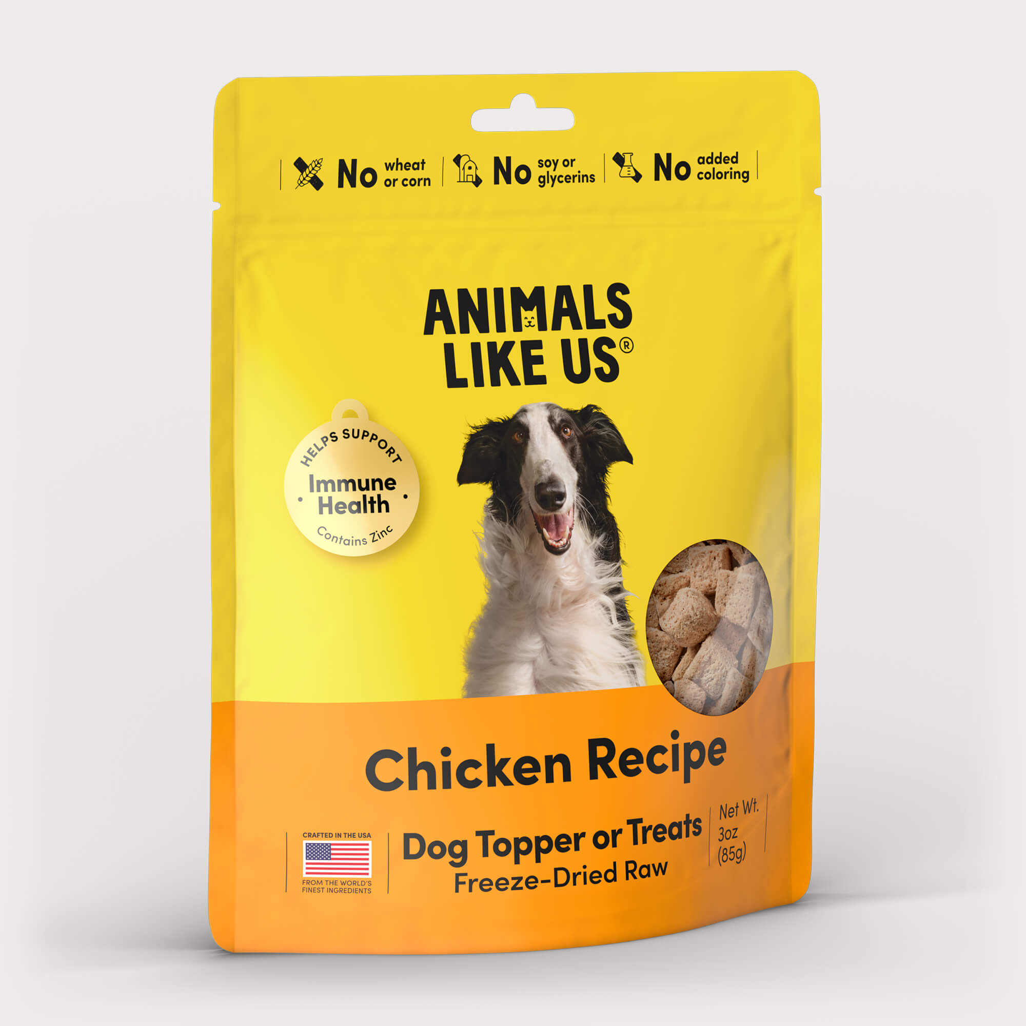 Package of Animals Like Us Chicken Recipe dog topper or treats.